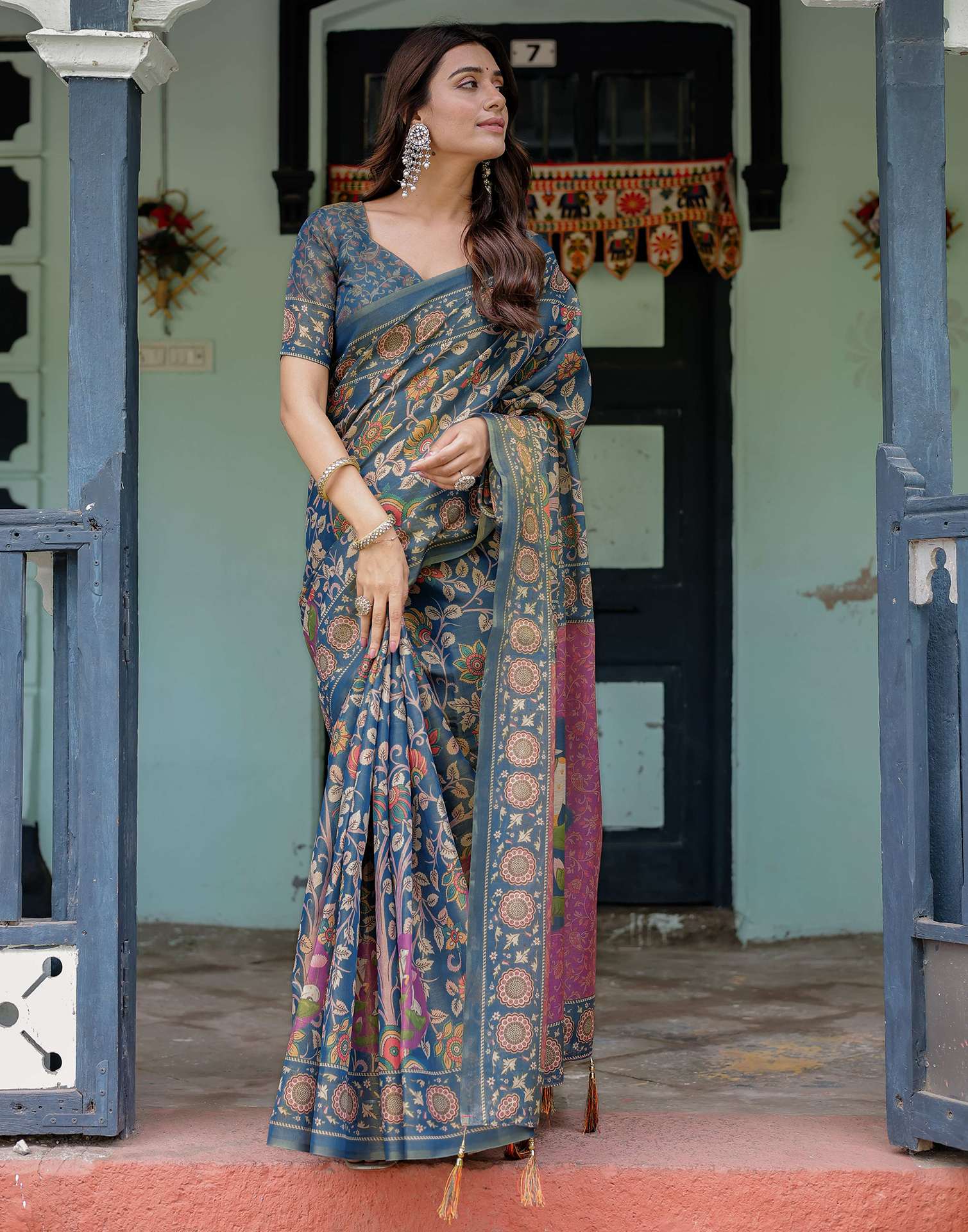 Light Navy Blue Shimmer Silk Printed Kalamkari Saree