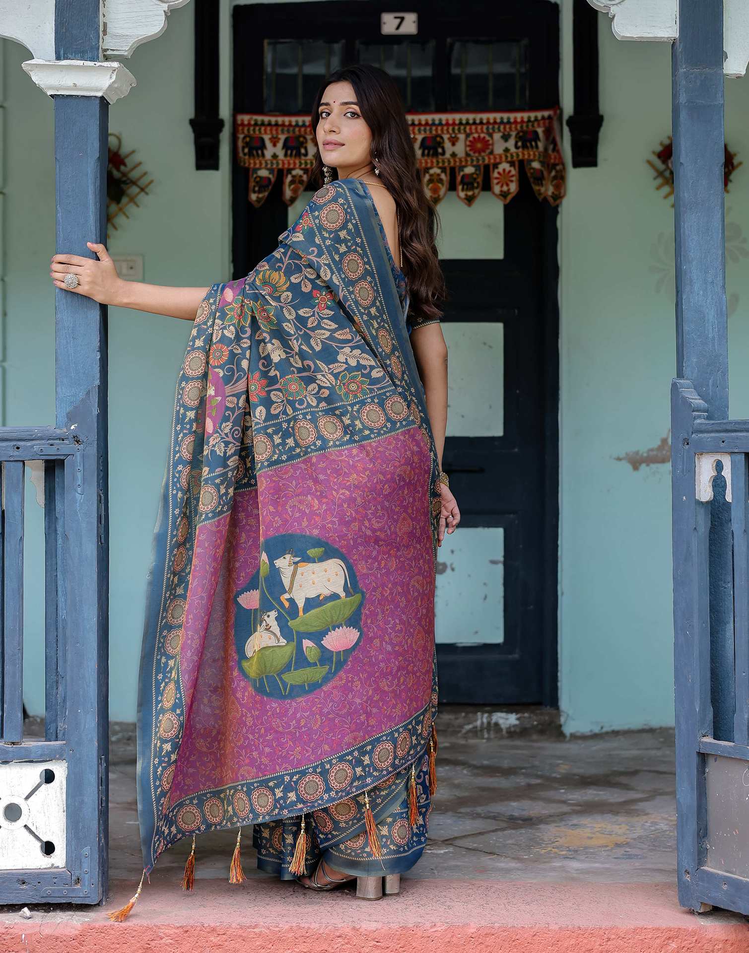 Light Navy Blue Shimmer Silk Printed Kalamkari Saree