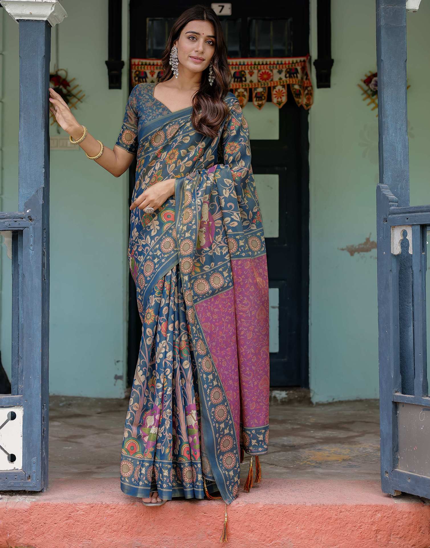 Light Navy Blue Shimmer Silk Printed Kalamkari Saree