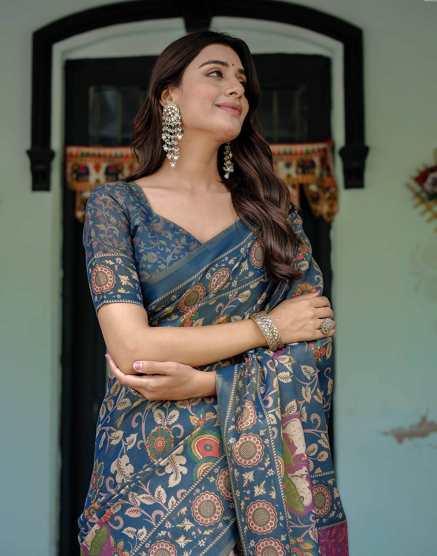 Light Navy Blue Shimmer Silk Printed Kalamkari Saree