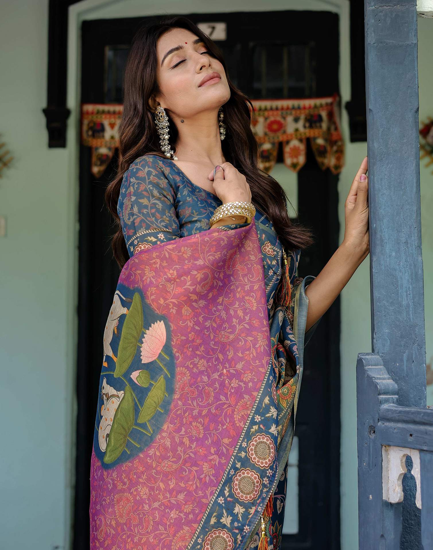 Light Navy Blue Shimmer Silk Printed Kalamkari Saree