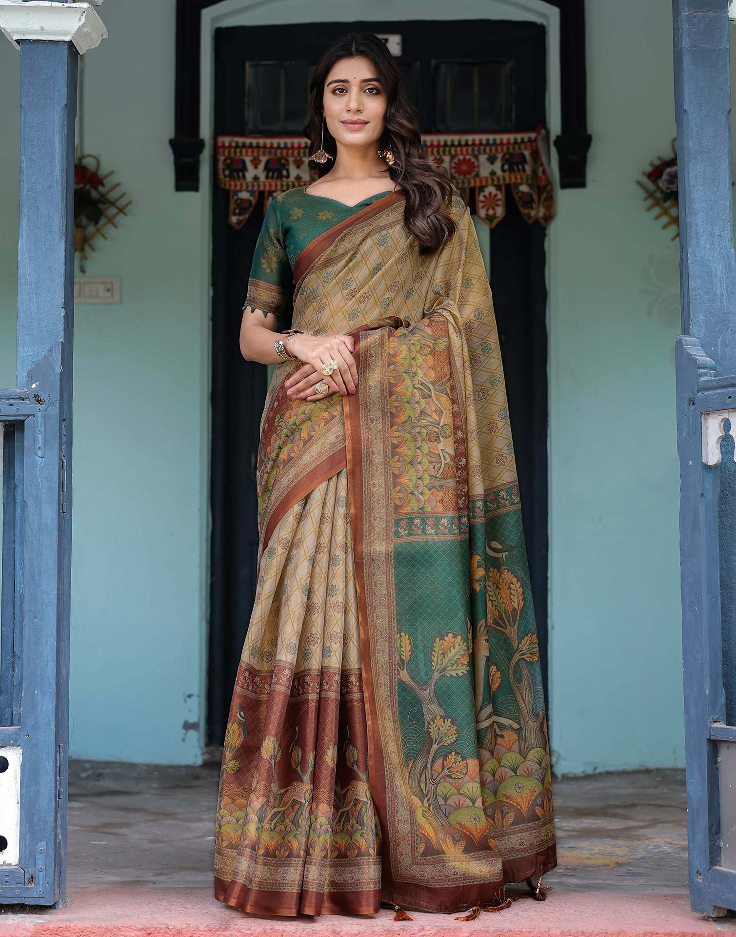 Beige Shimmer Silk Printed Saree