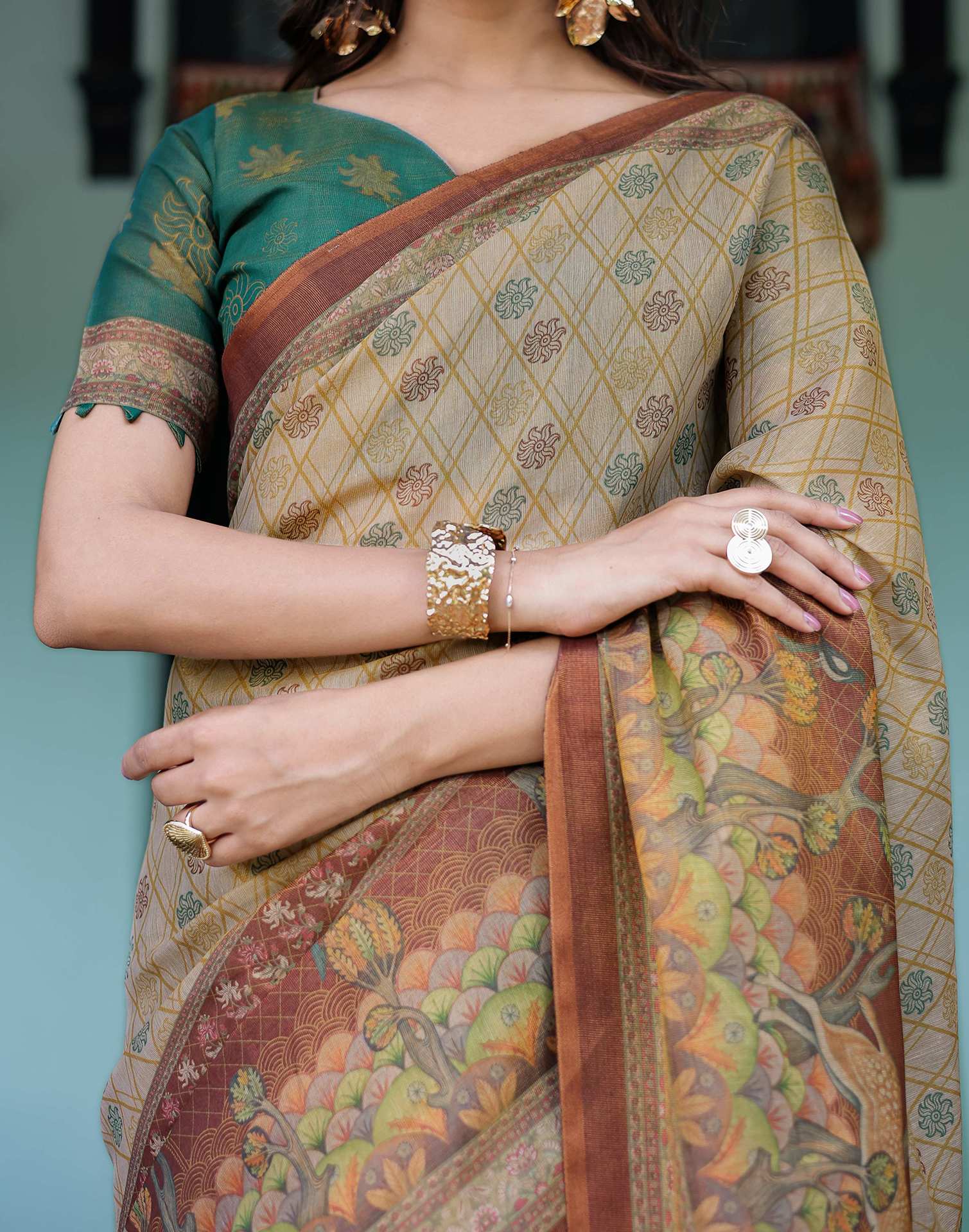 Beige Shimmer Silk Printed Saree
