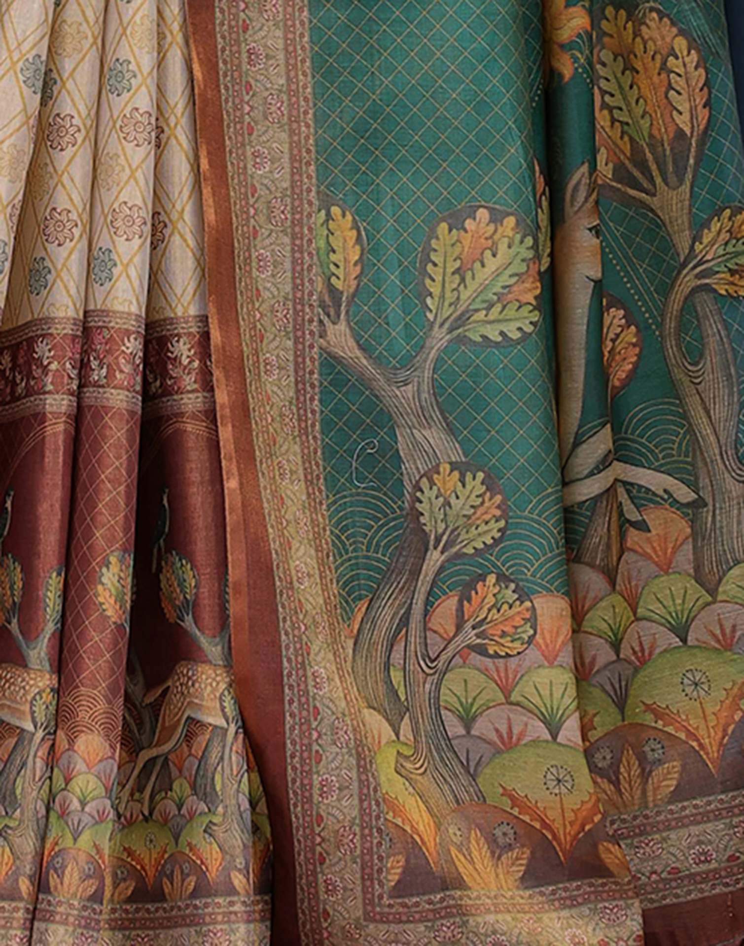 Beige Shimmer Silk Printed Saree