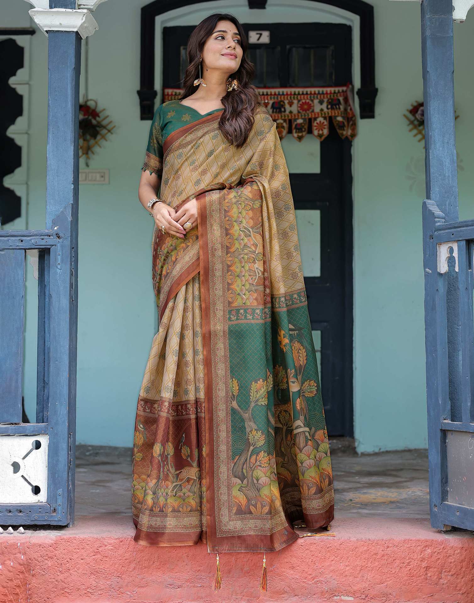 Beige Shimmer Silk Printed Saree
