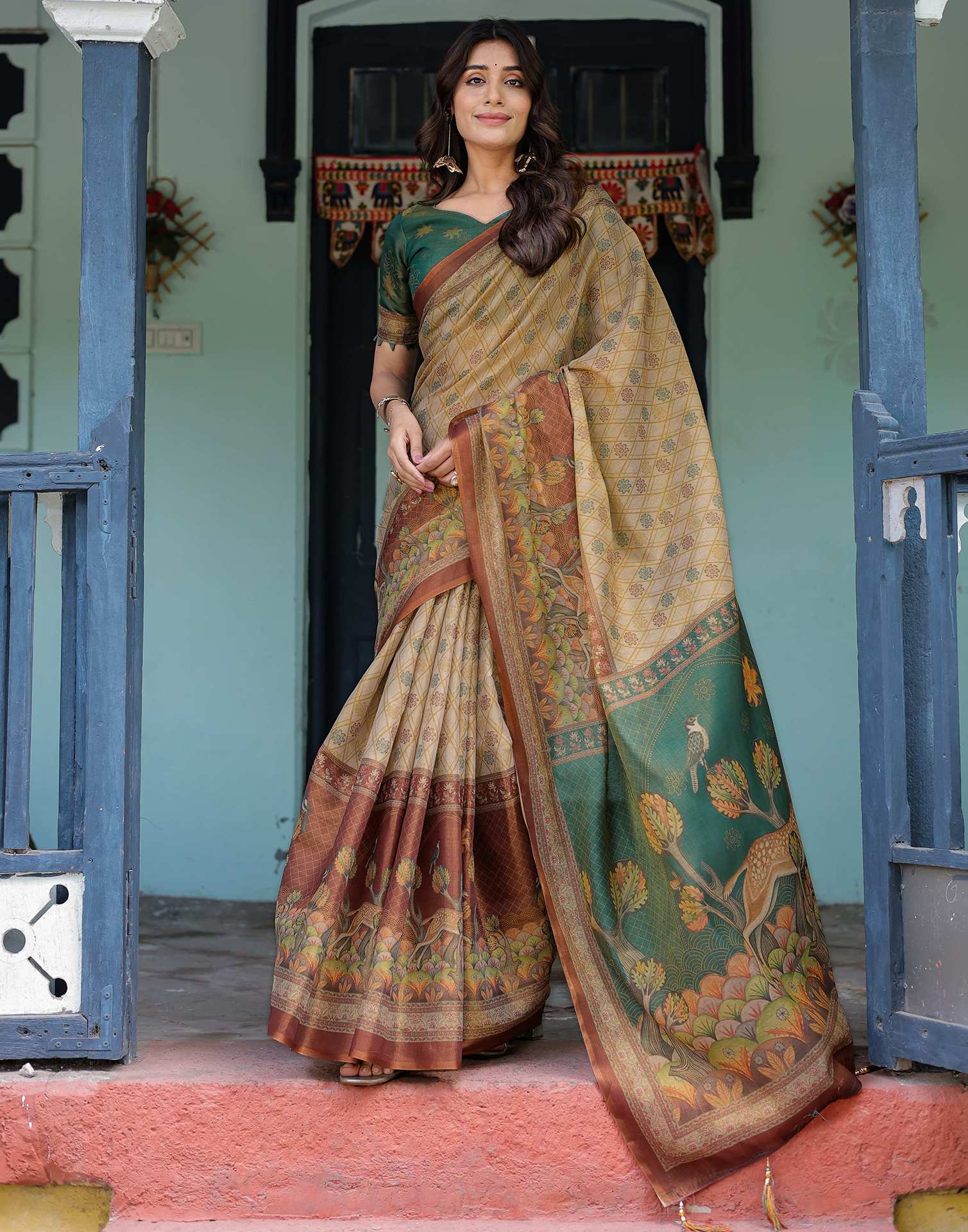 Beige Shimmer Silk Printed Saree