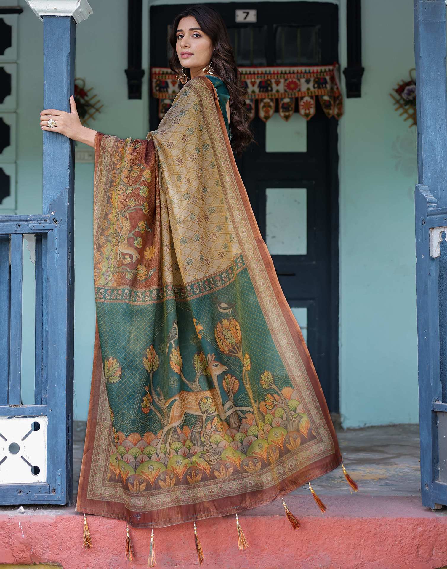 Beige Shimmer Silk Printed Saree