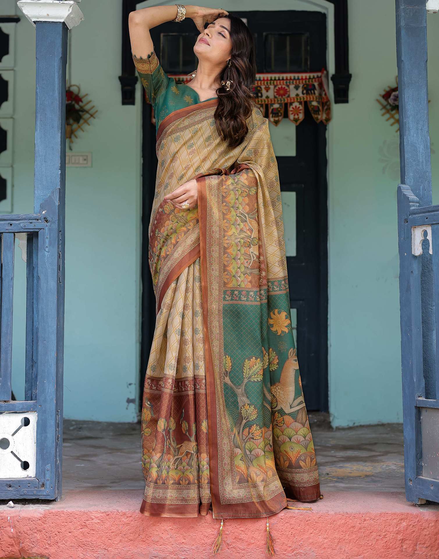 Beige Shimmer Silk Printed Saree