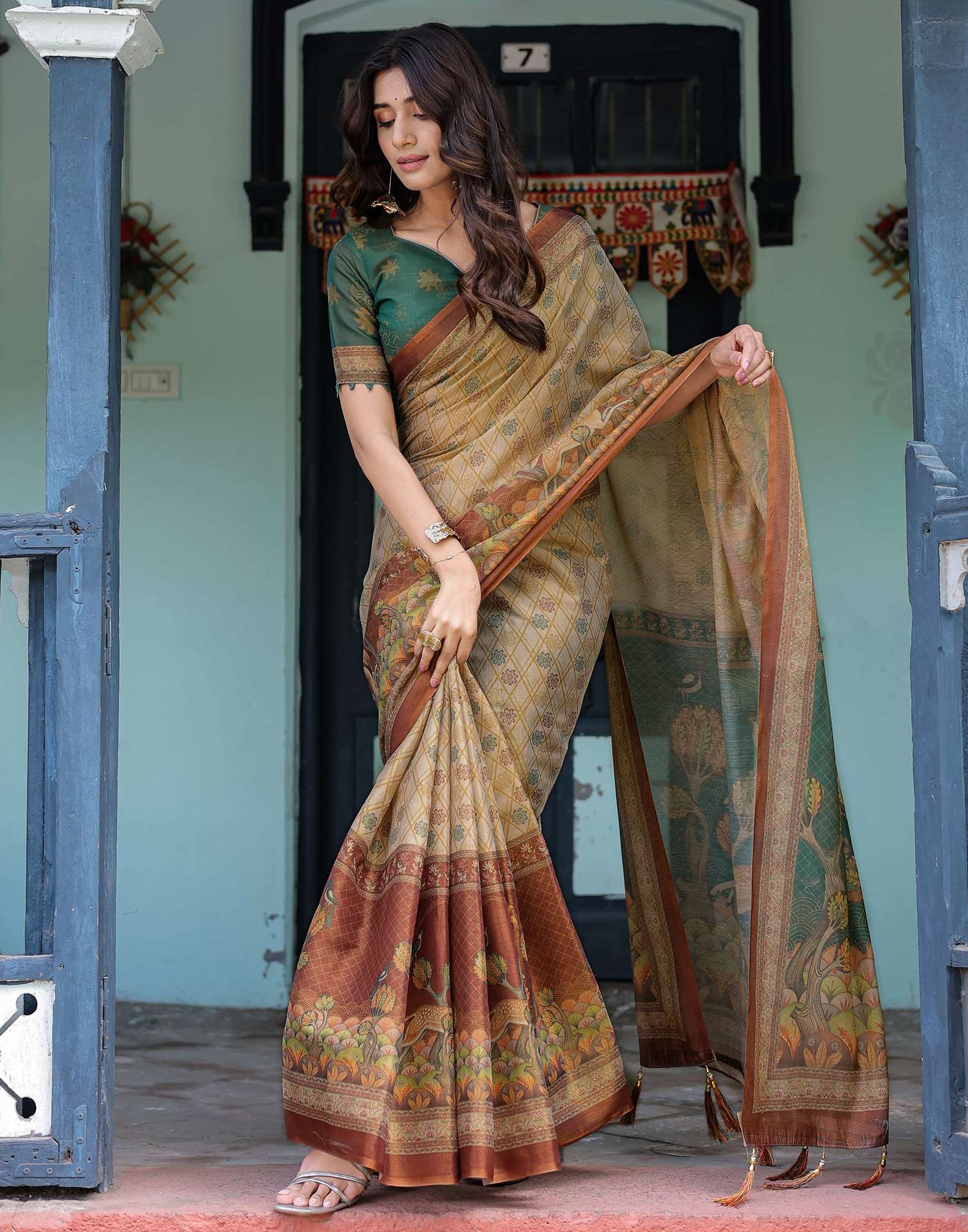 Beige Shimmer Silk Printed Saree