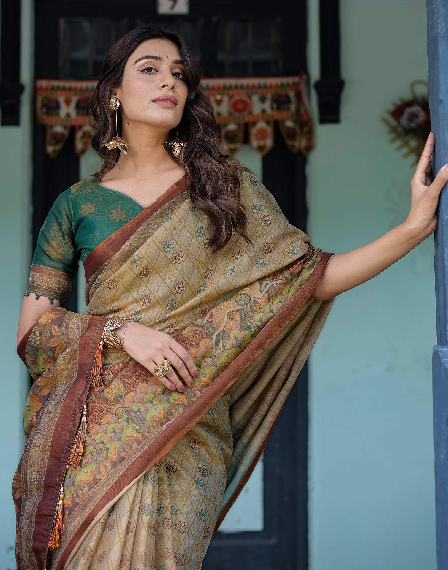 Beige Shimmer Silk Printed Saree