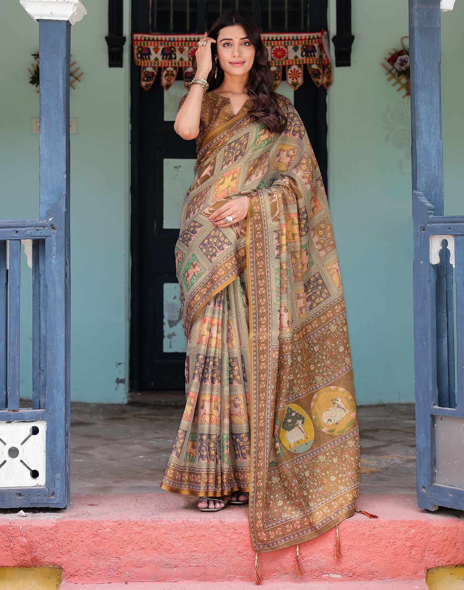 Brown Shimmer Silk Printed Saree