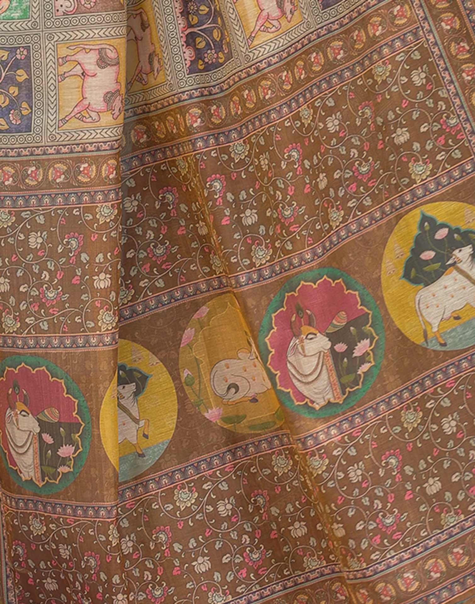 Brown Shimmer Silk Printed Saree