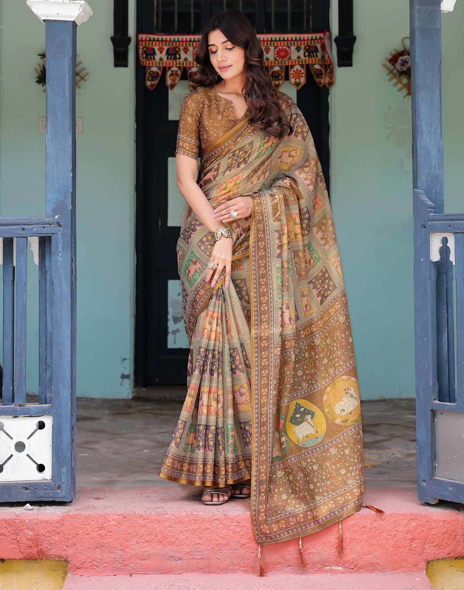Brown Shimmer Silk Printed Saree