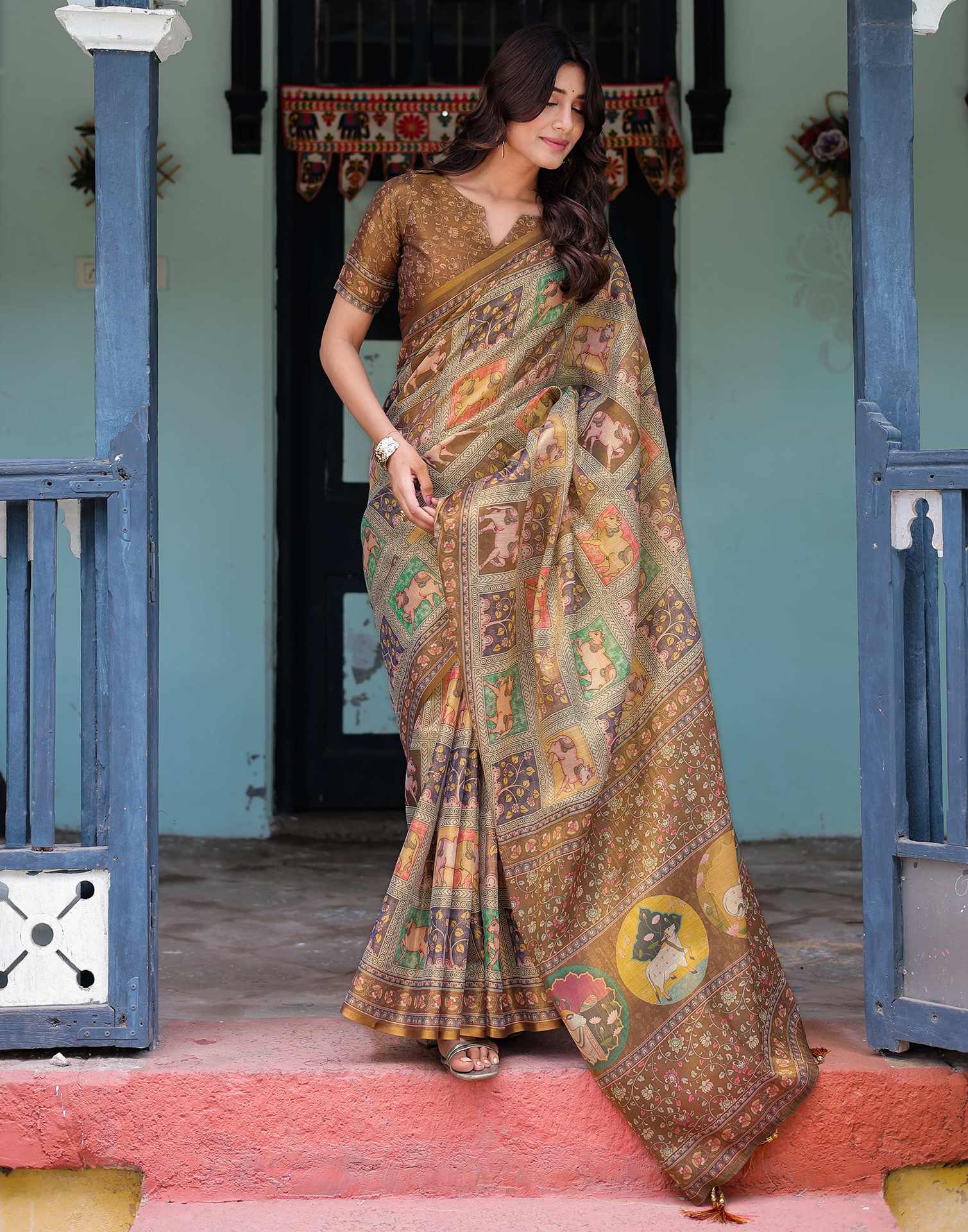 Brown Shimmer Silk Printed Saree