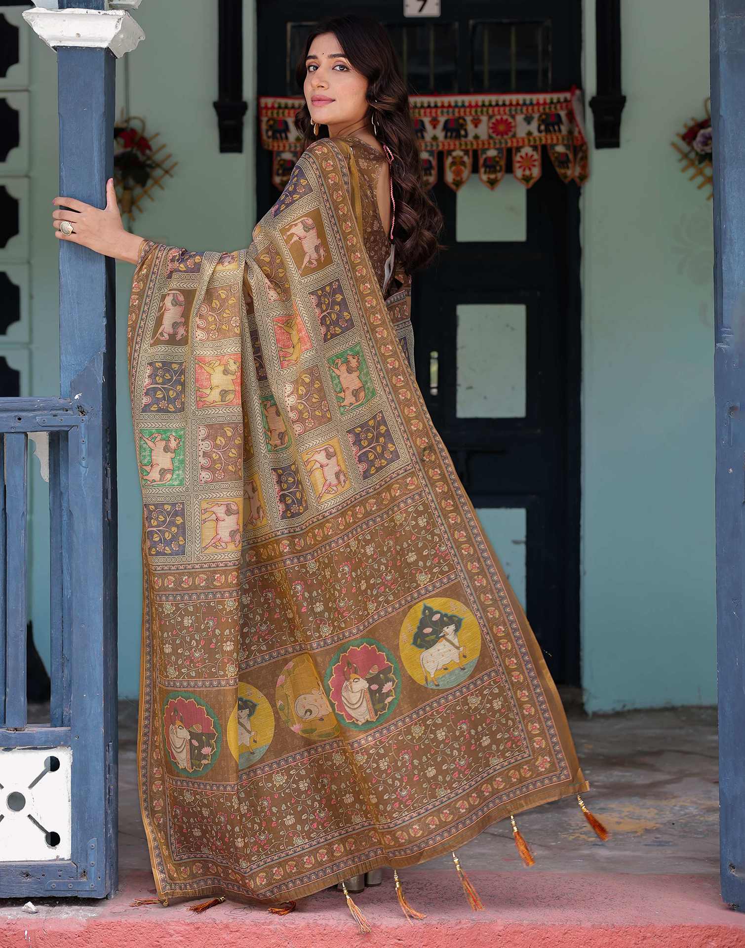 Brown Shimmer Silk Printed Saree