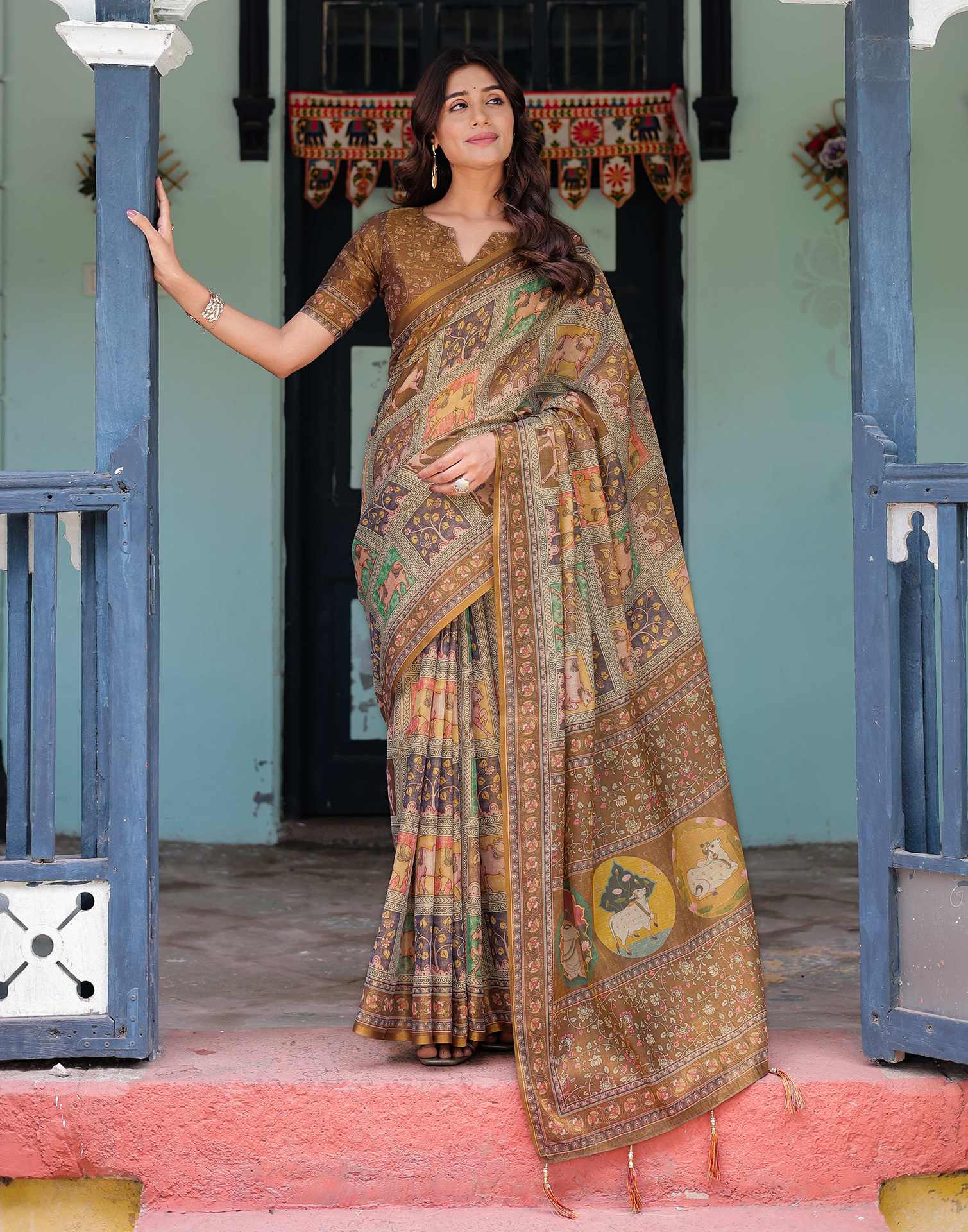 Brown Shimmer Silk Printed Saree