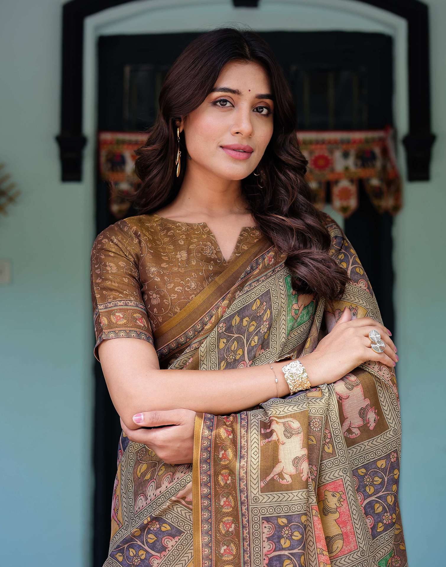 Brown Shimmer Silk Printed Saree