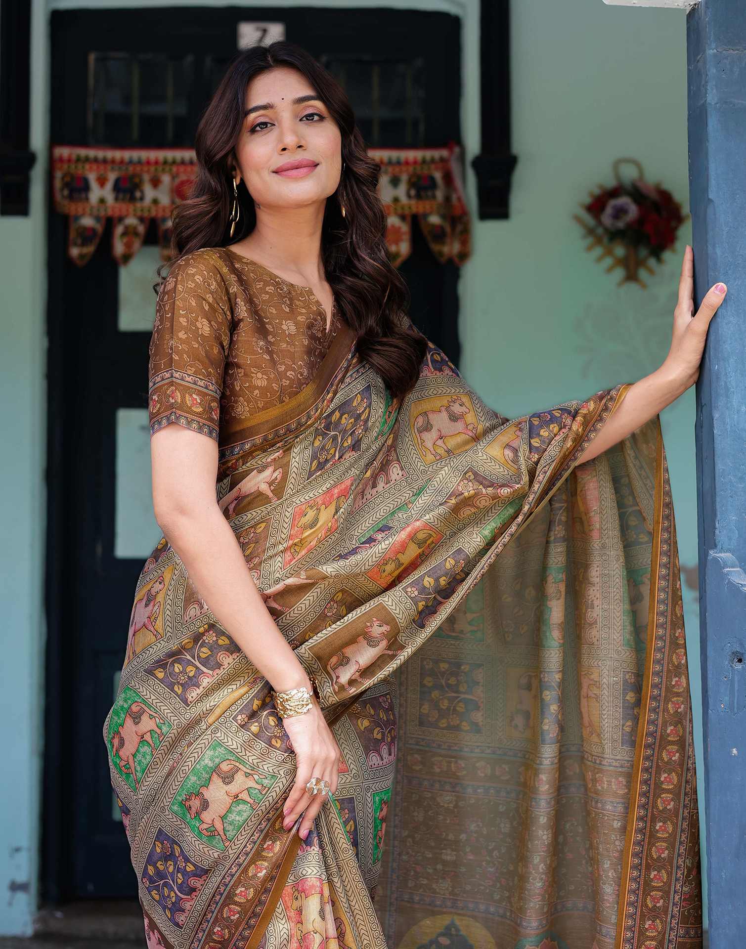 Brown Shimmer Silk Printed Saree