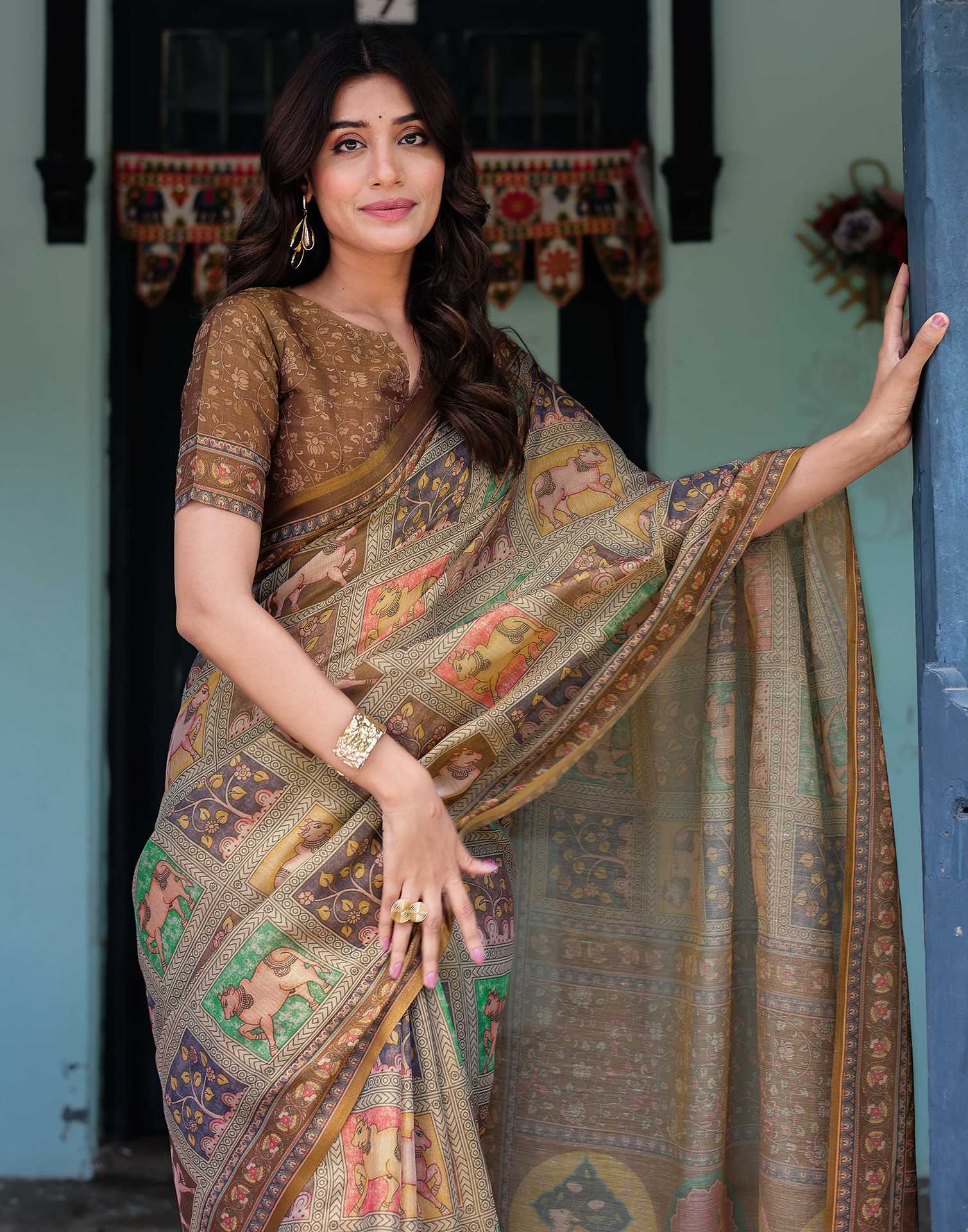 Brown Shimmer Silk Printed Saree