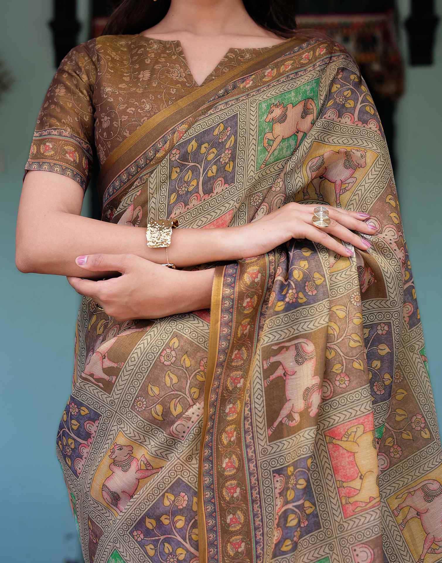 Brown Shimmer Silk Printed Saree