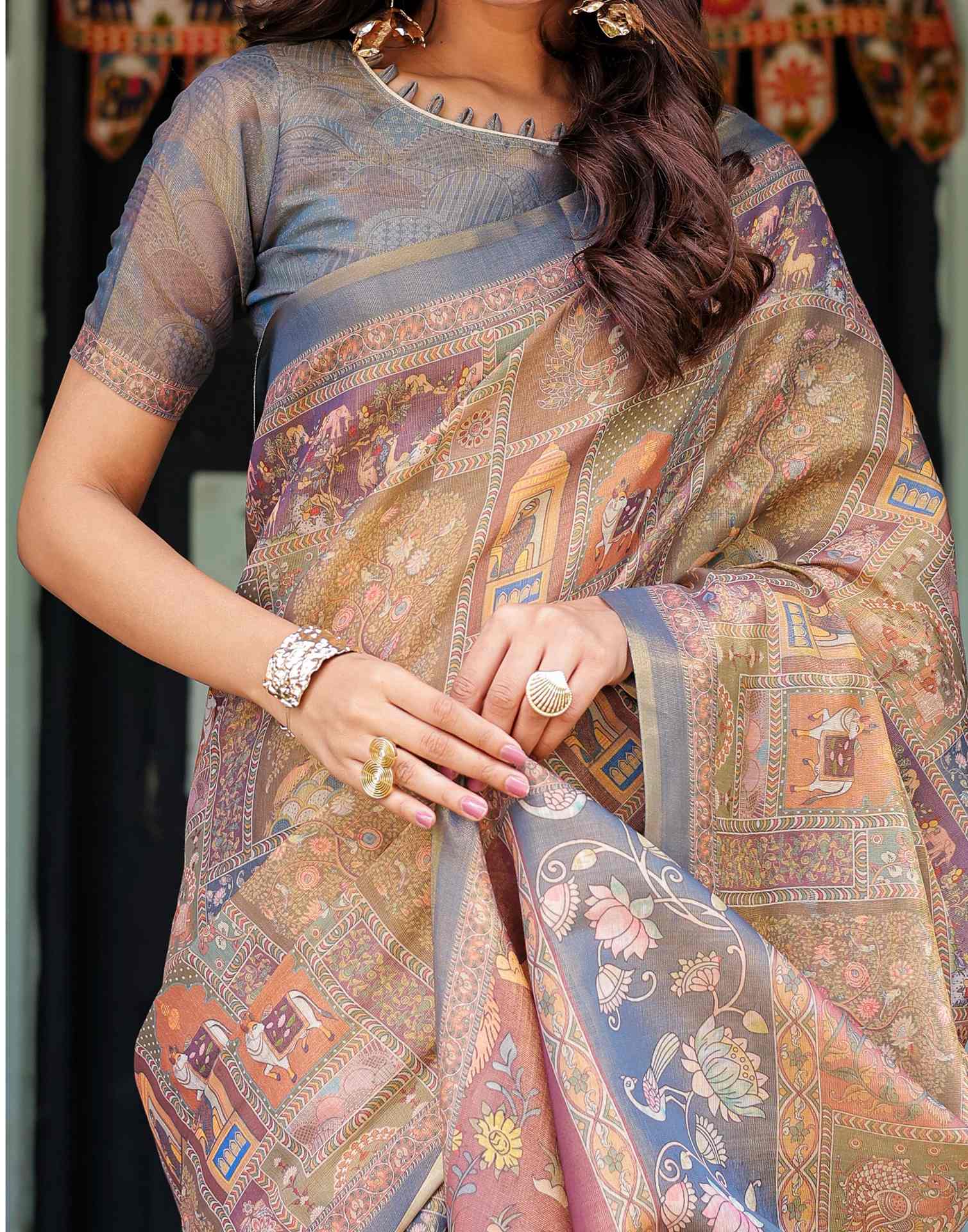 Multicoloured Shimmer Silk Printed Saree