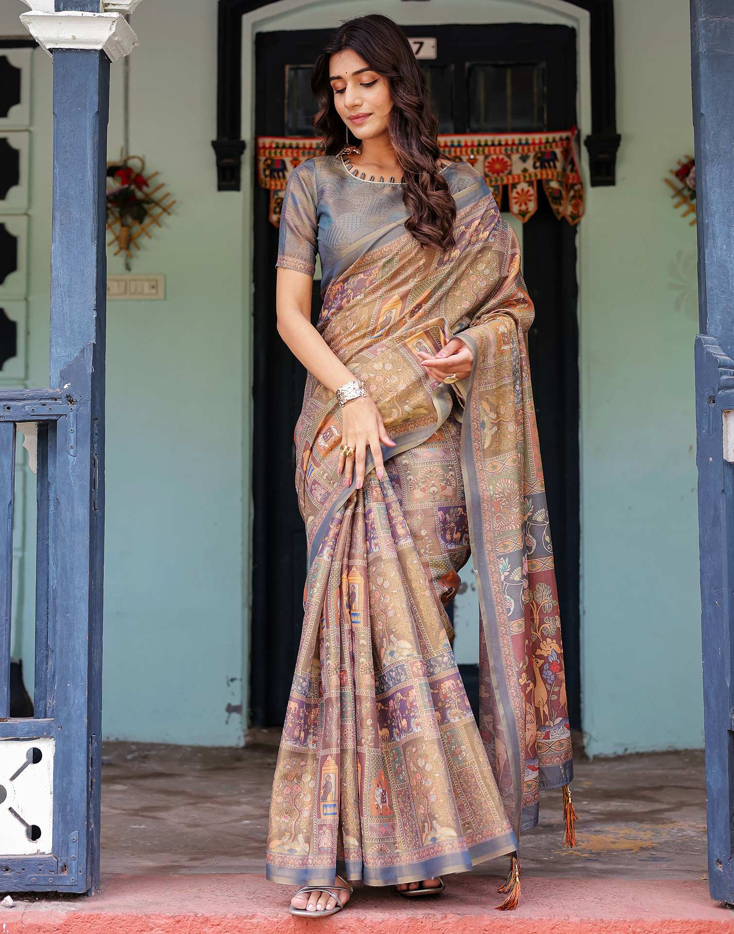 Multicoloured Shimmer Silk Printed Saree