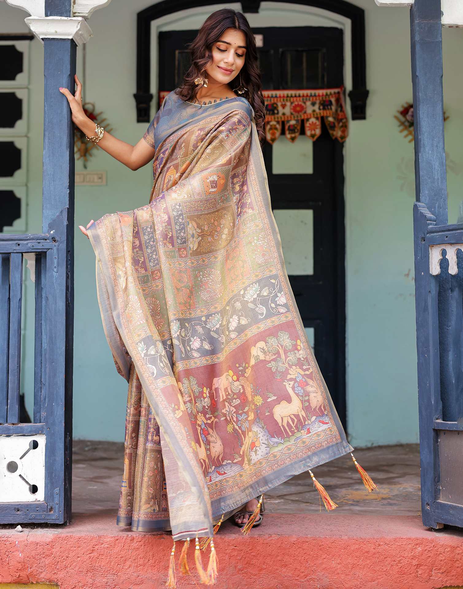 Multicoloured Shimmer Silk Printed Saree