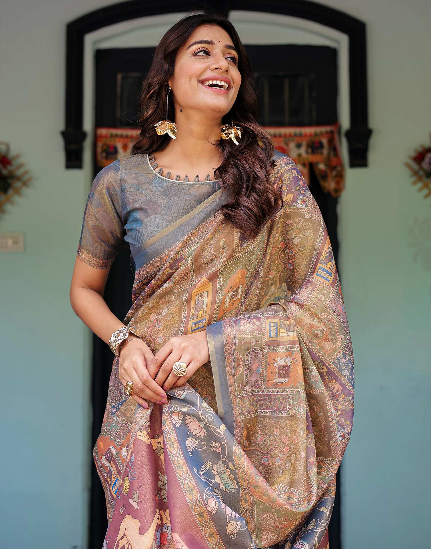 Multicoloured Shimmer Silk Printed Saree