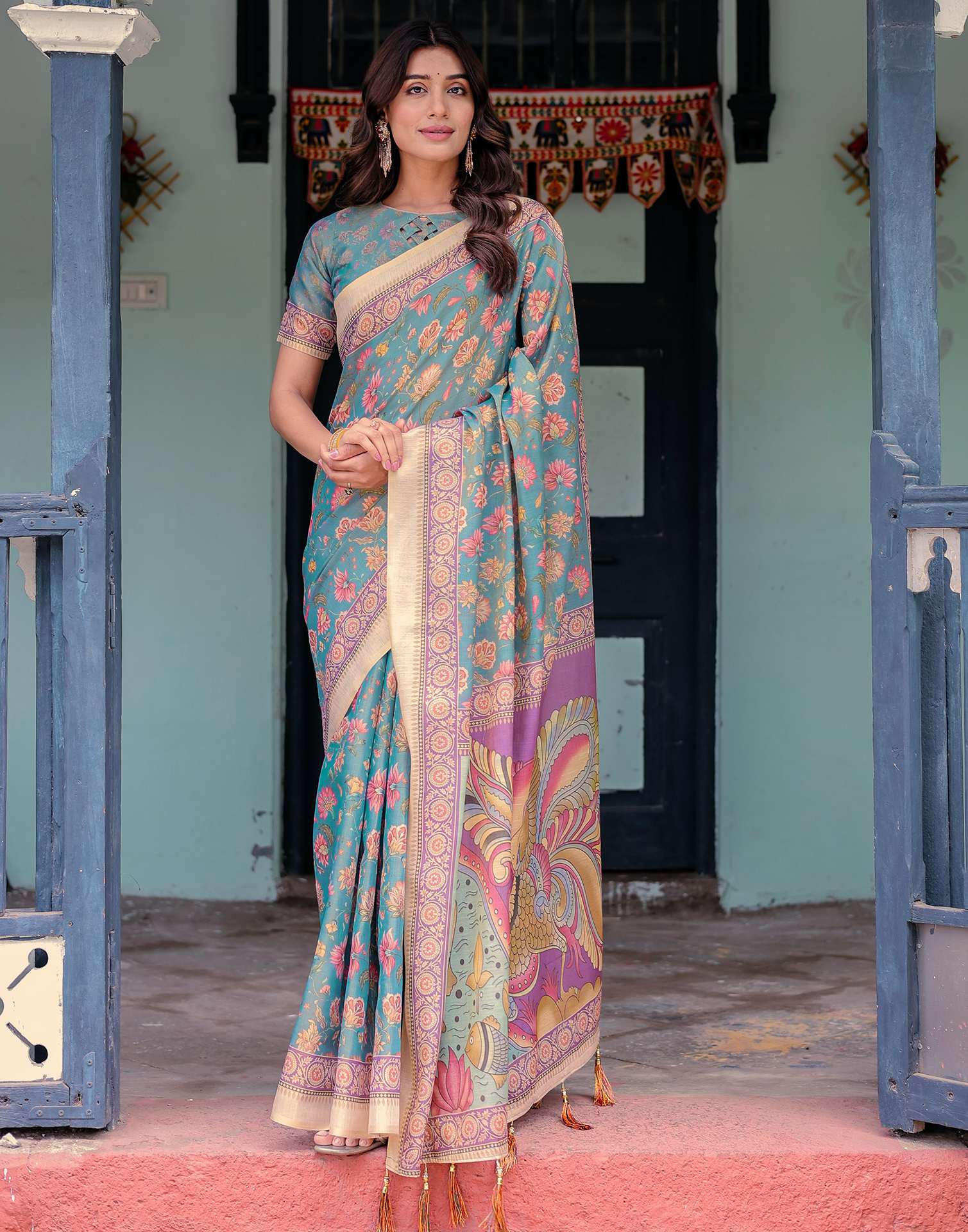 Teal Blue Shimmer Silk Printed Saree