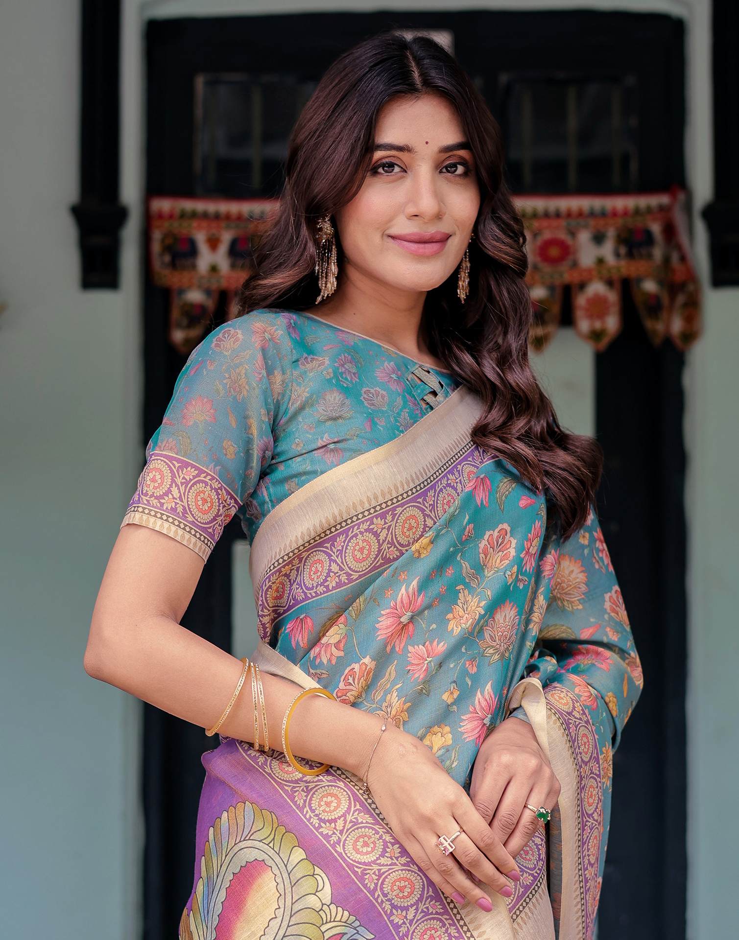 Teal Blue Shimmer Silk Printed Saree