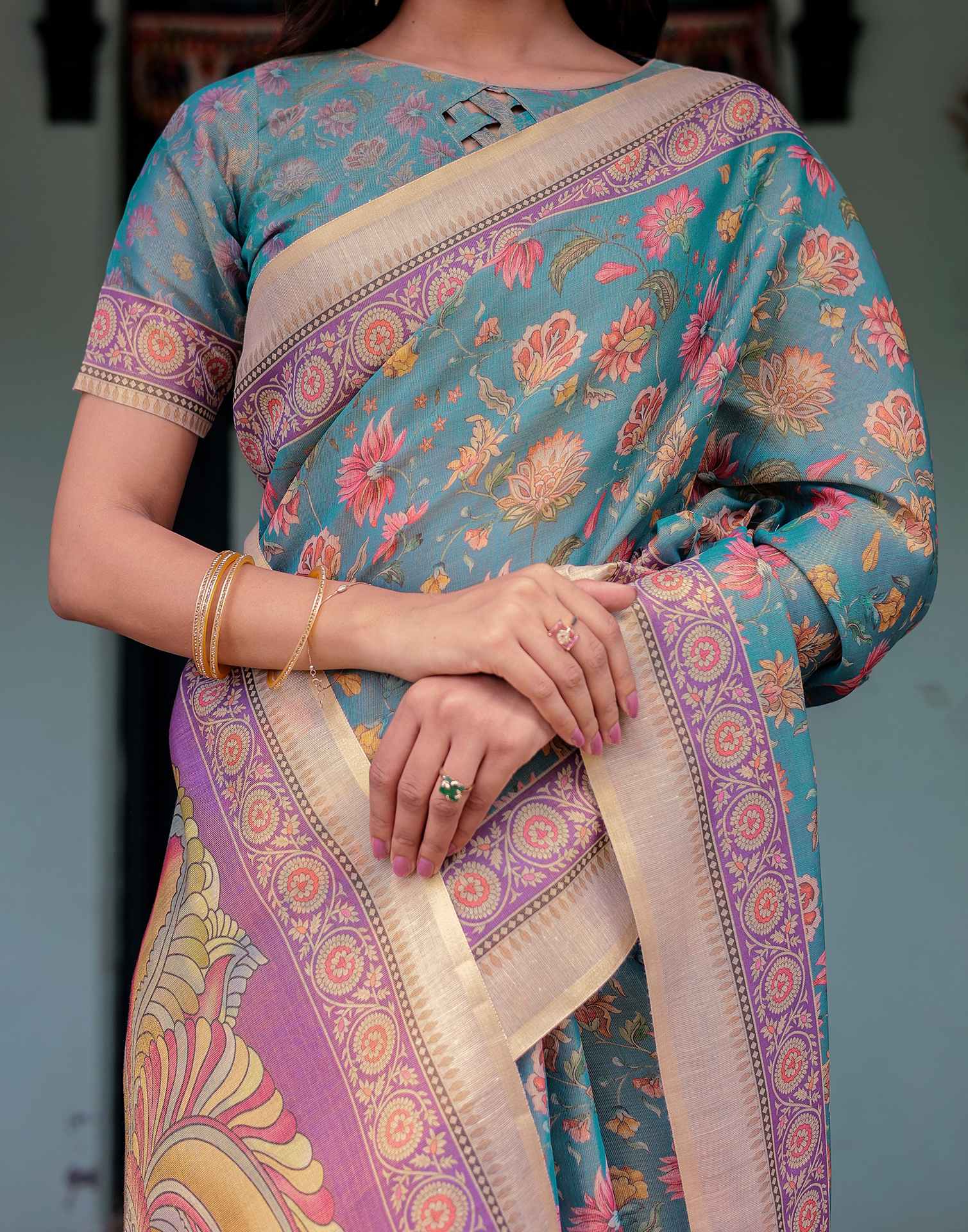 Teal Blue Shimmer Silk Printed Saree