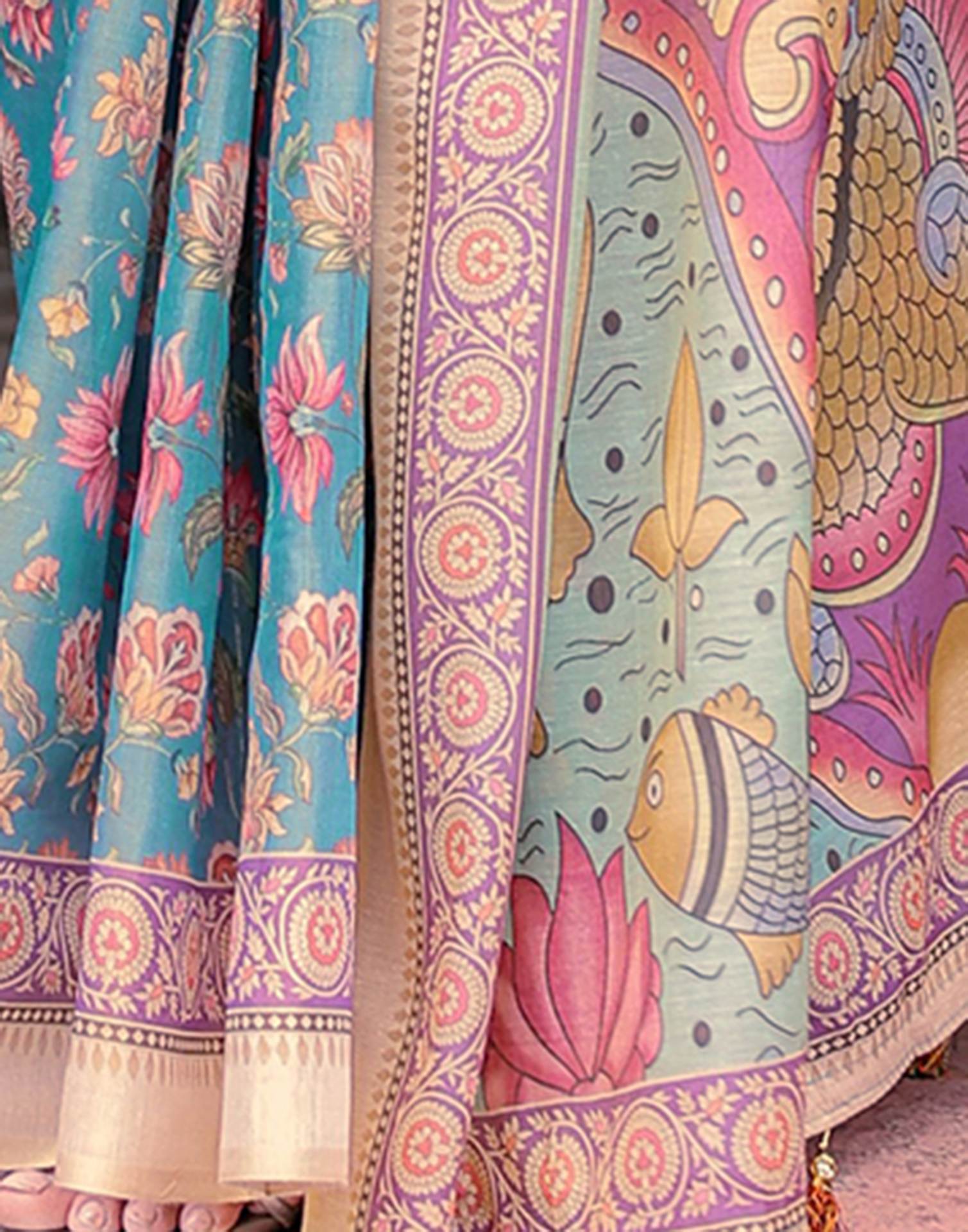 Teal Blue Shimmer Silk Printed Saree