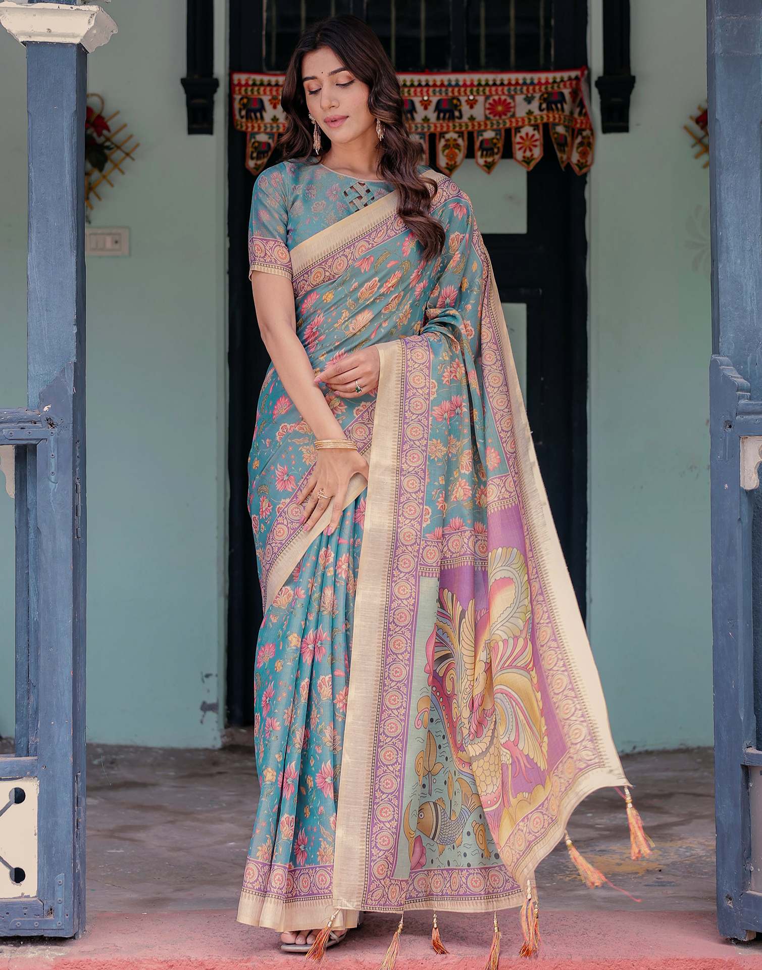 Teal Blue Shimmer Silk Printed Saree