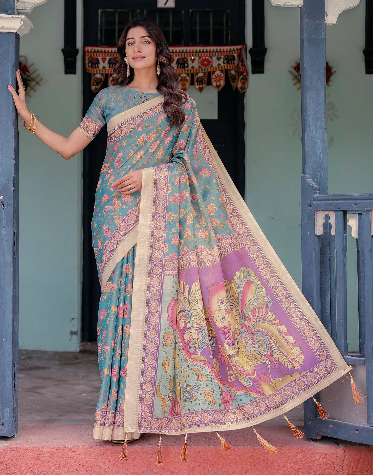 Teal Blue Shimmer Silk Printed Saree