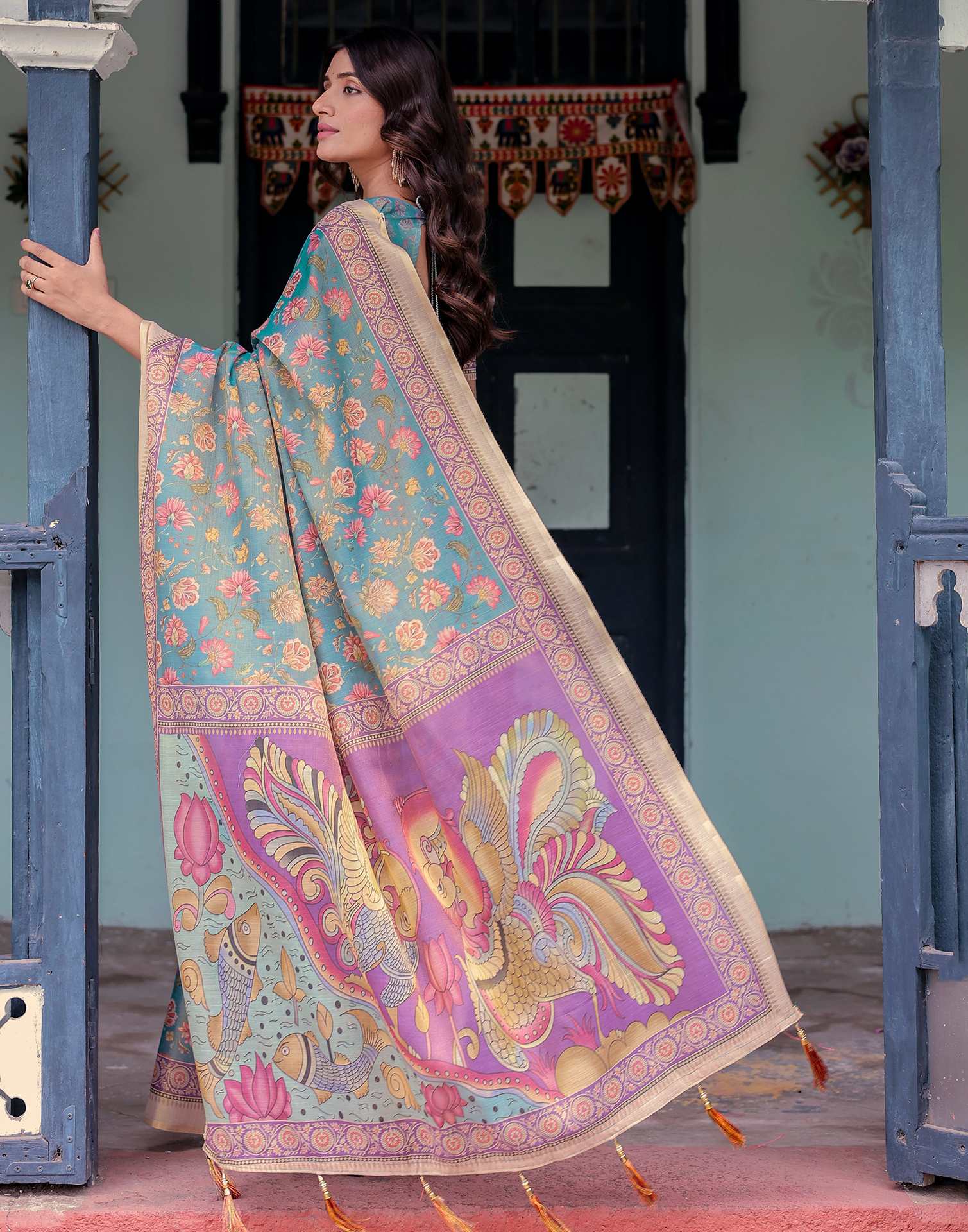 Teal Blue Shimmer Silk Printed Saree