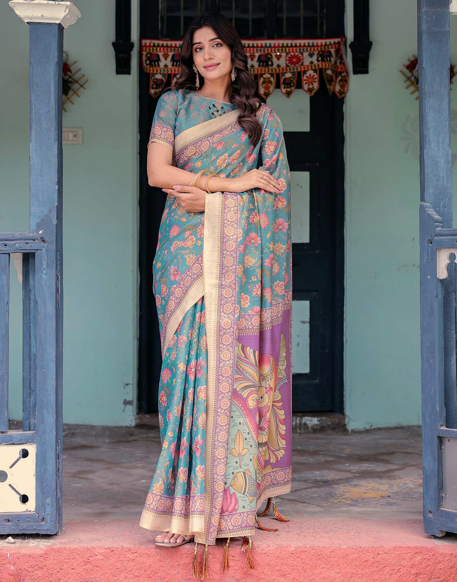 Teal Blue Shimmer Silk Printed Saree
