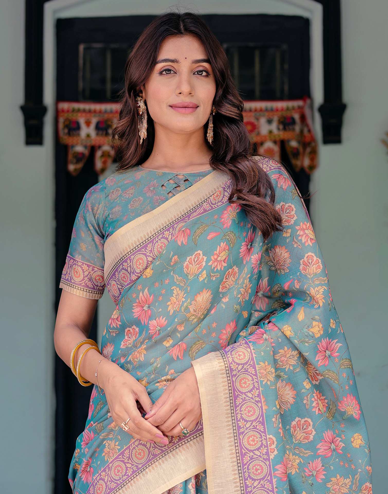 Teal Blue Shimmer Silk Printed Saree