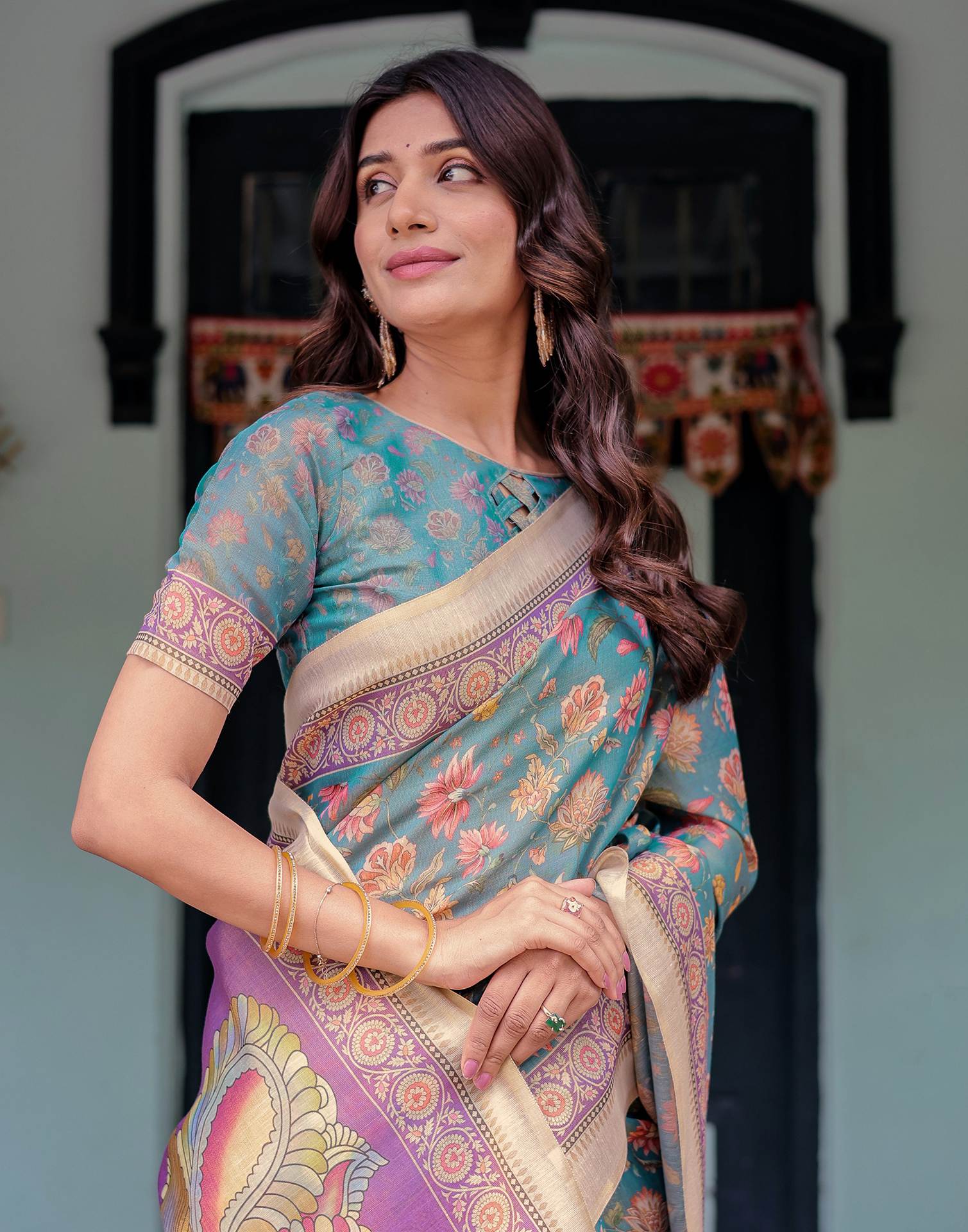 Teal Blue Shimmer Silk Printed Saree