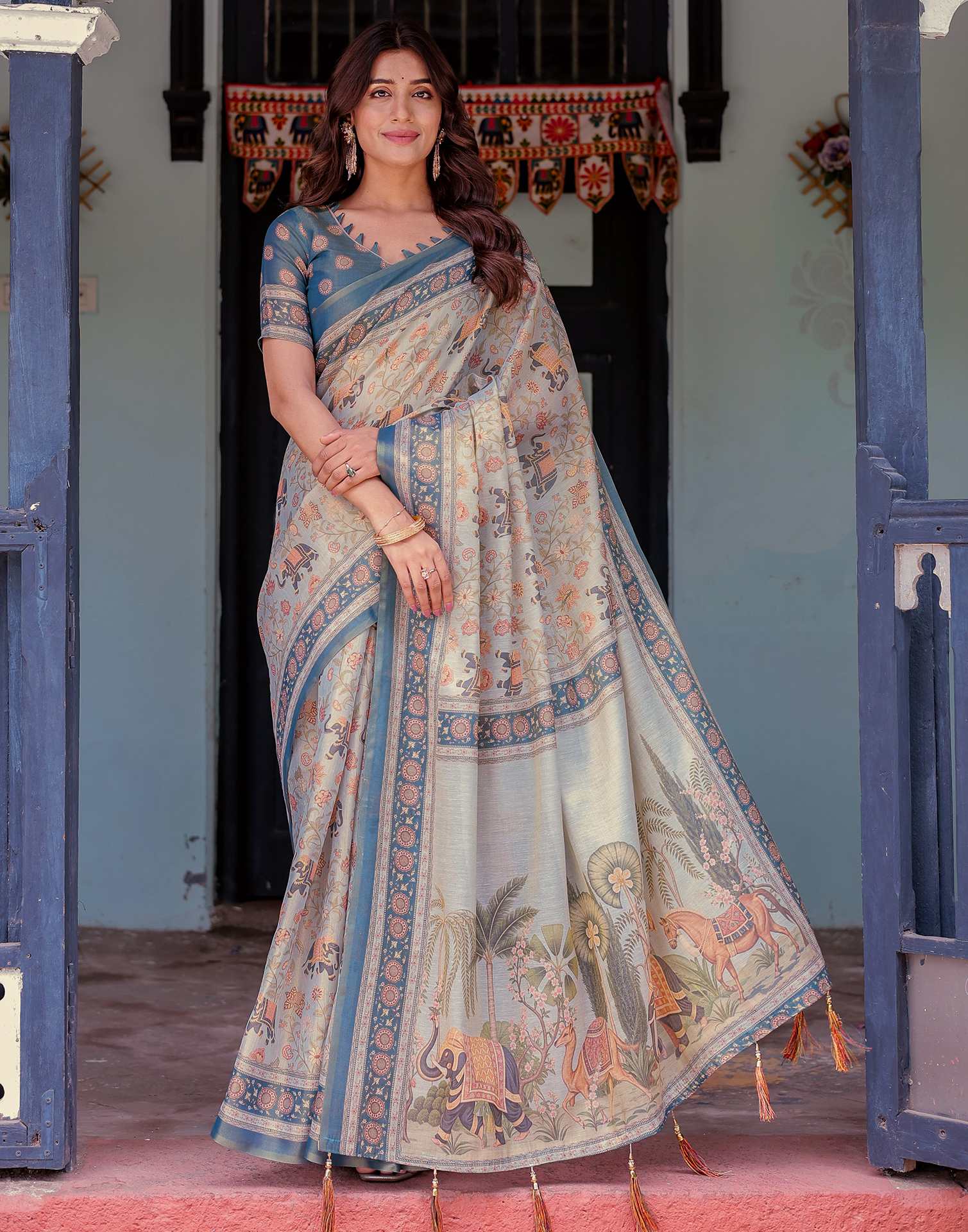 Light Grey Shimmer Silk Printed Saree