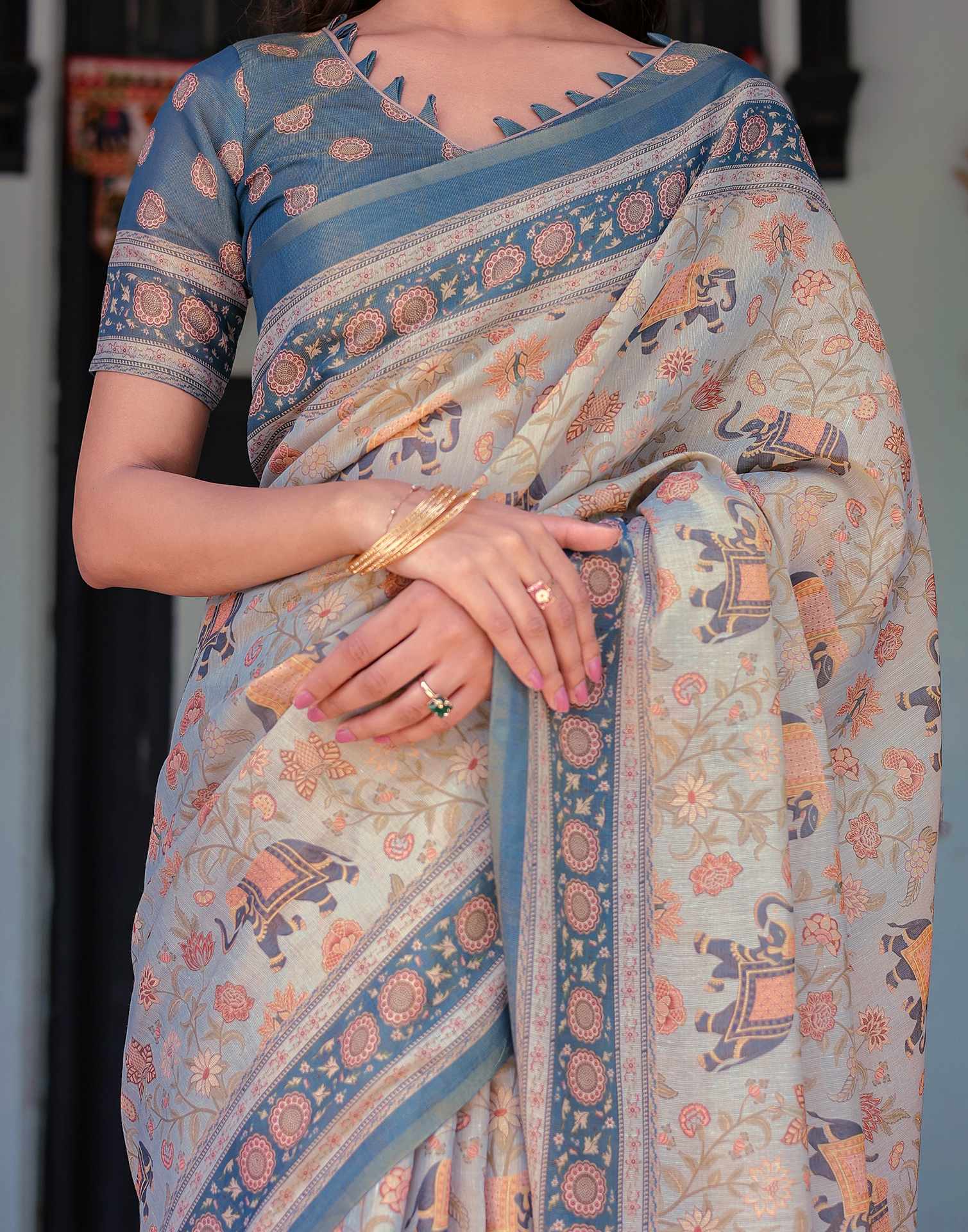 Light Grey Shimmer Silk Printed Saree