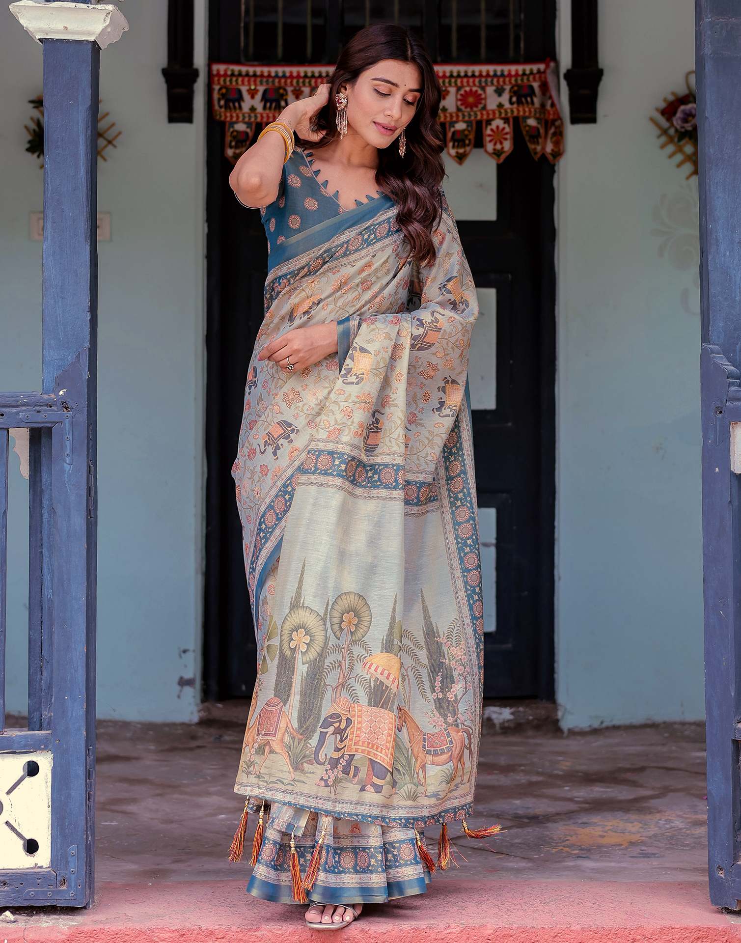 Light Grey Shimmer Silk Printed Saree