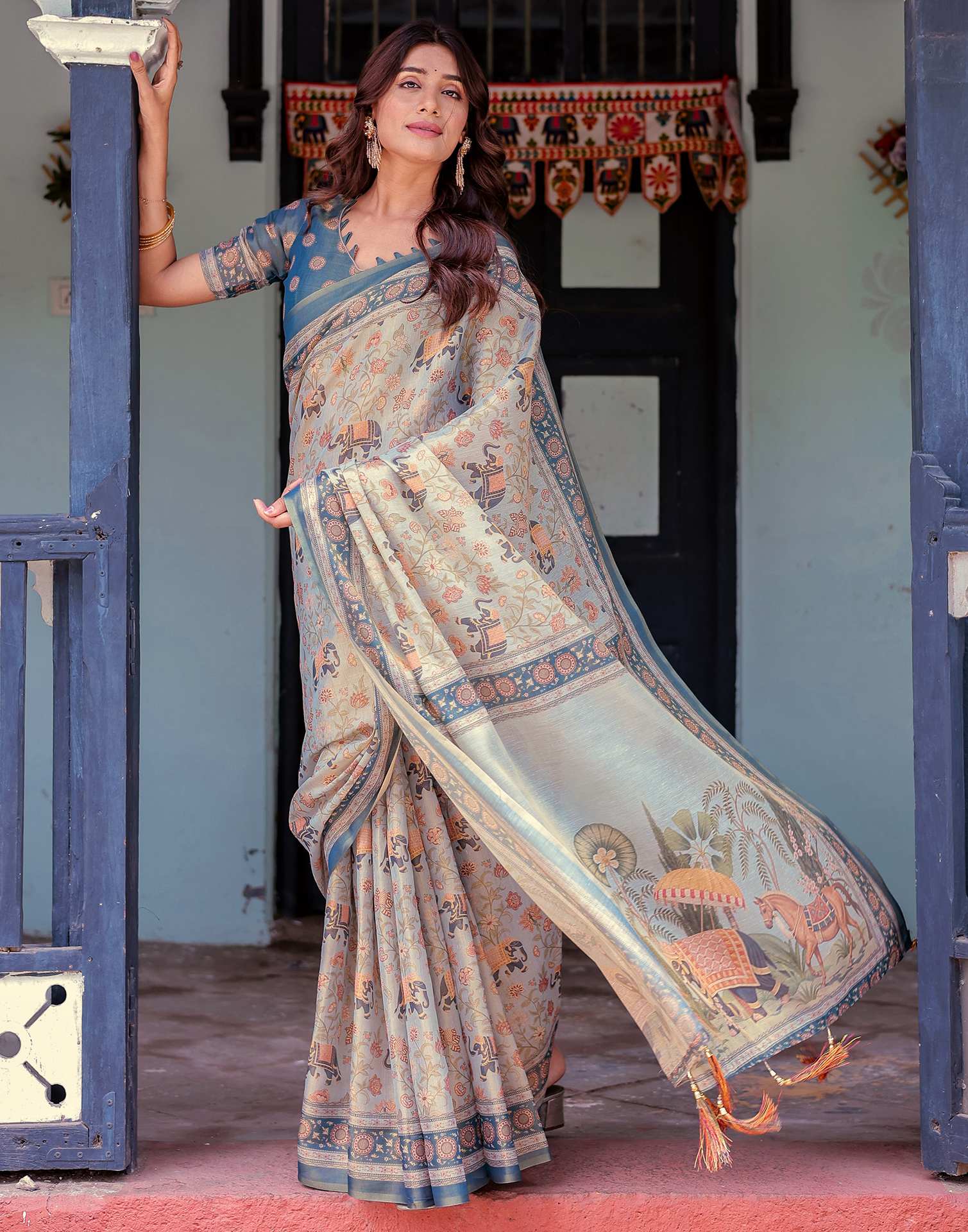 Light Grey Shimmer Silk Printed Saree