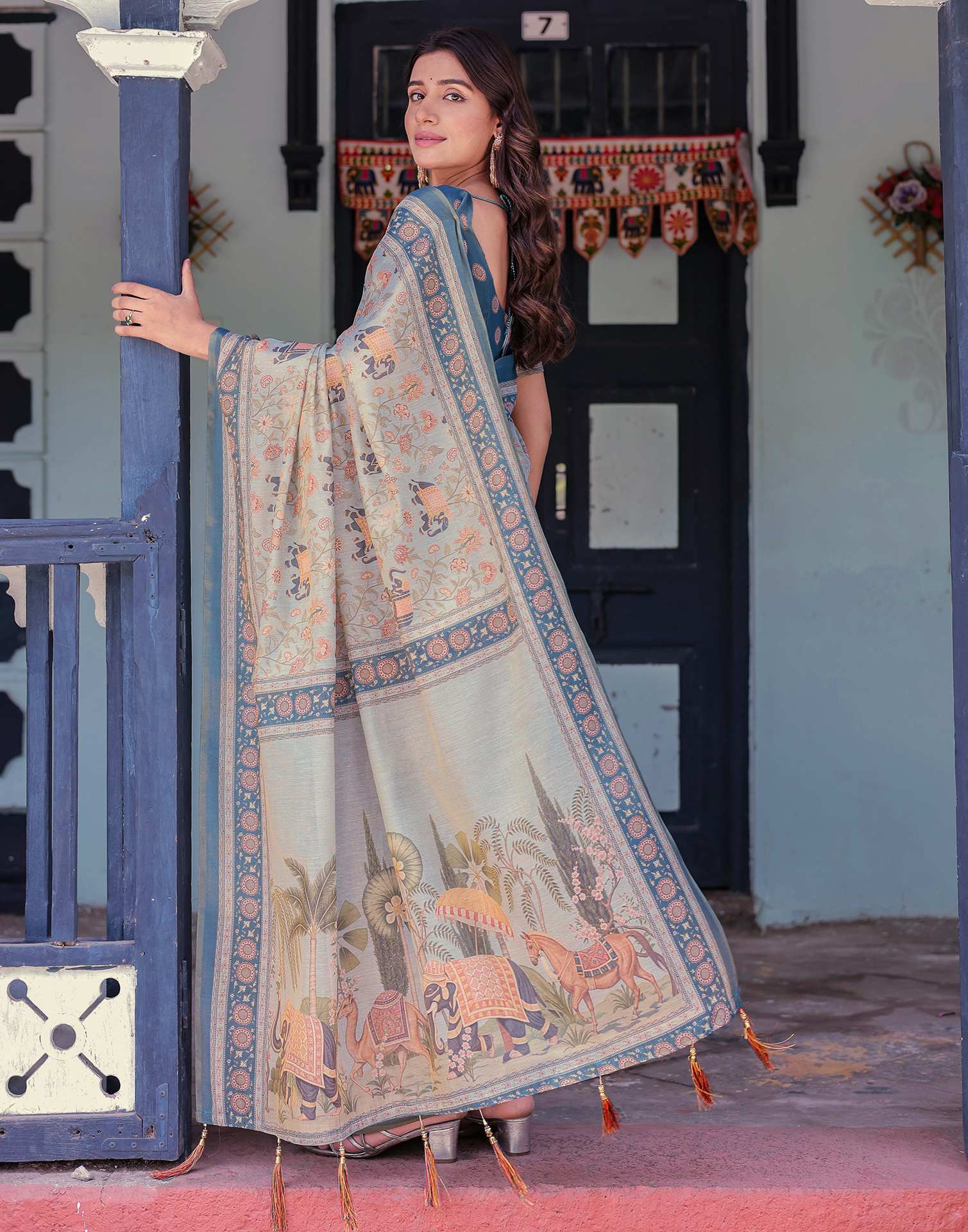 Light Grey Shimmer Silk Printed Saree