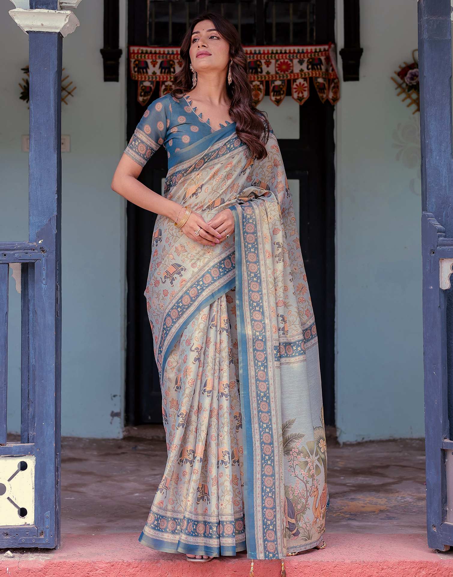 Light Grey Shimmer Silk Printed Saree