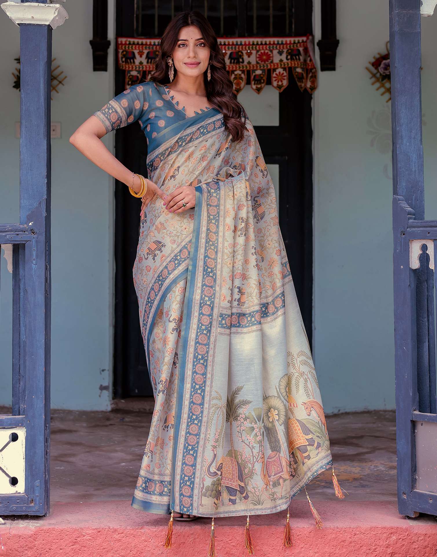 Light Grey Shimmer Silk Printed Saree