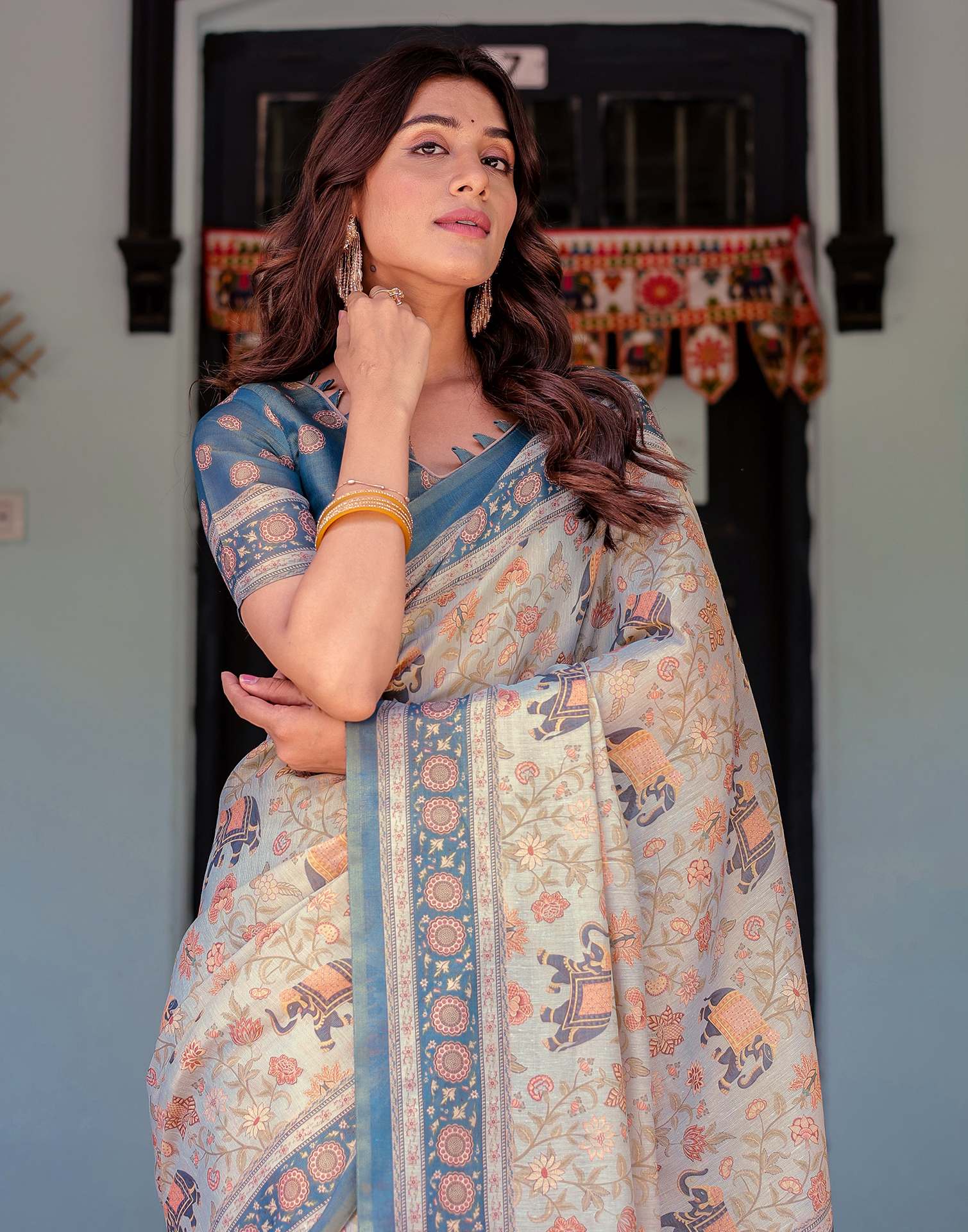 Light Grey Shimmer Silk Printed Saree