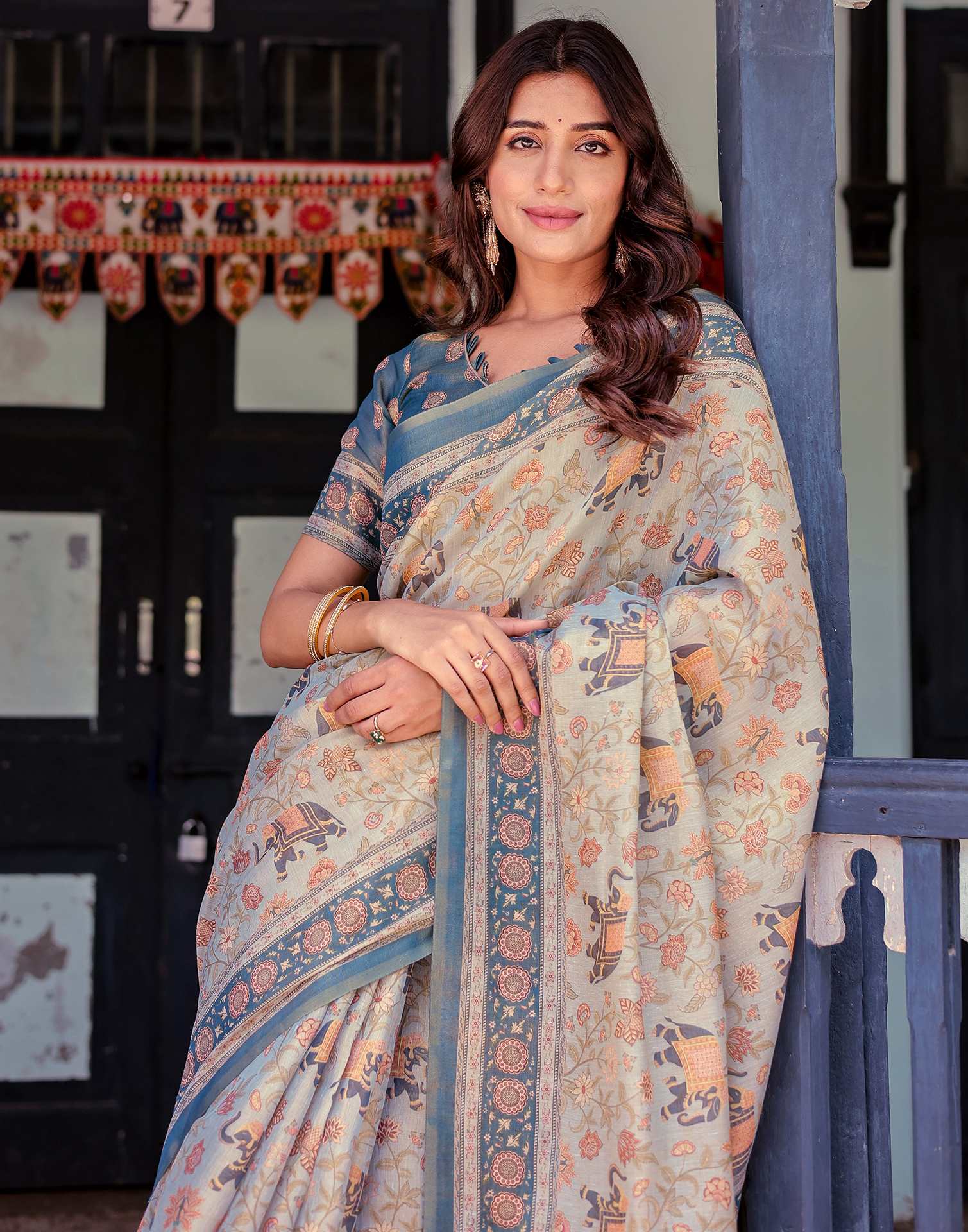 Light Grey Shimmer Silk Printed Saree