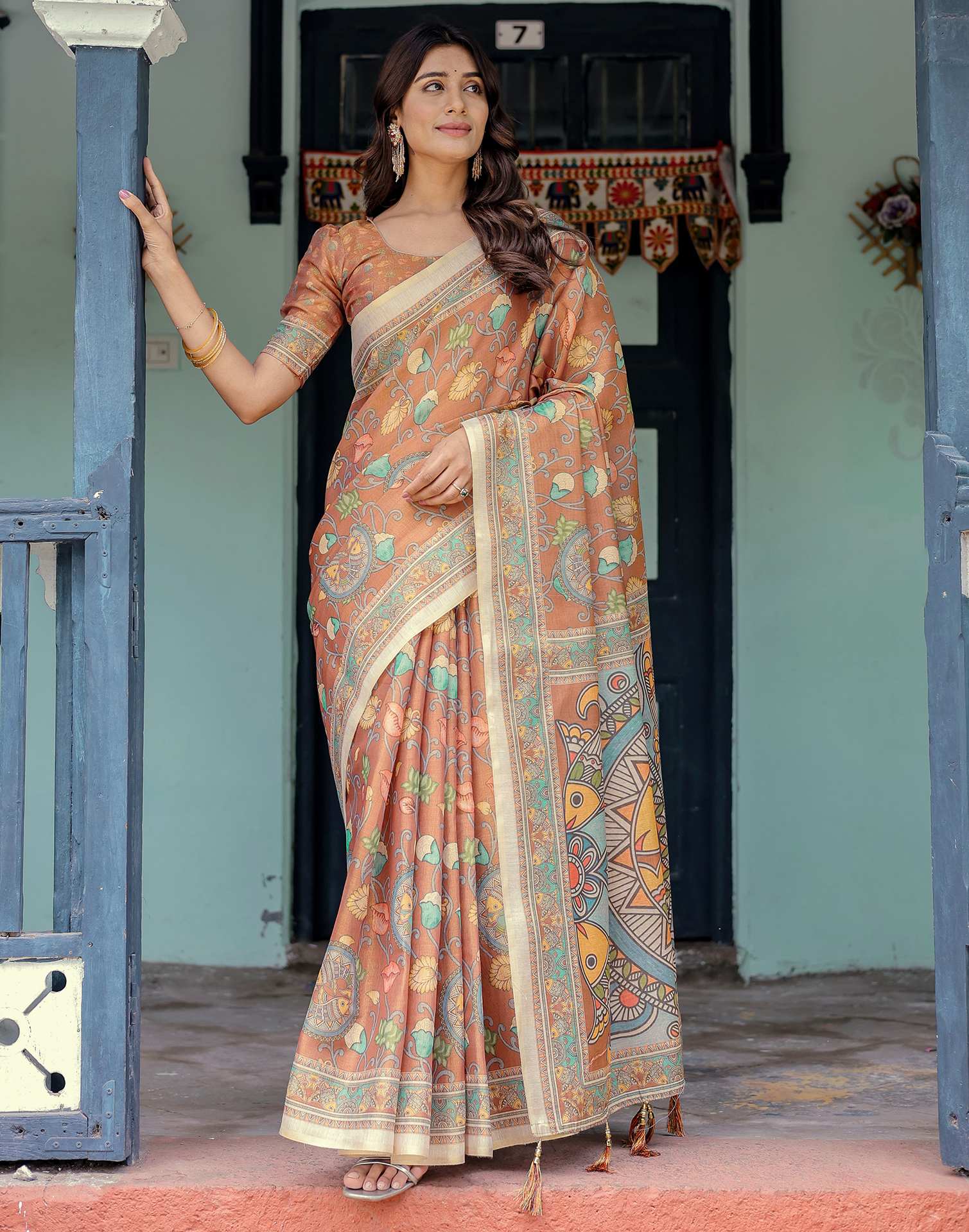 Brown Shimmer Silk Printed Kalamkari Saree