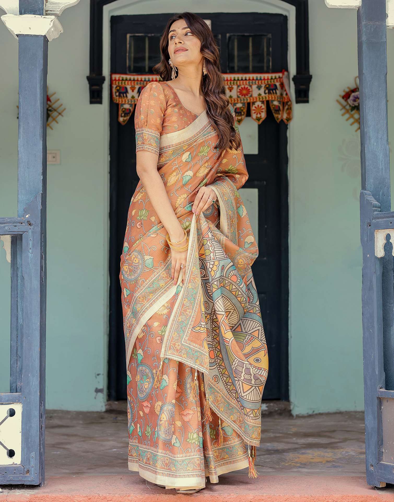 Brown Shimmer Silk Printed Kalamkari Saree