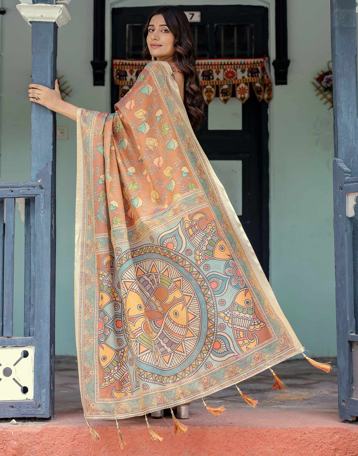 Brown Shimmer Silk Printed Kalamkari Saree